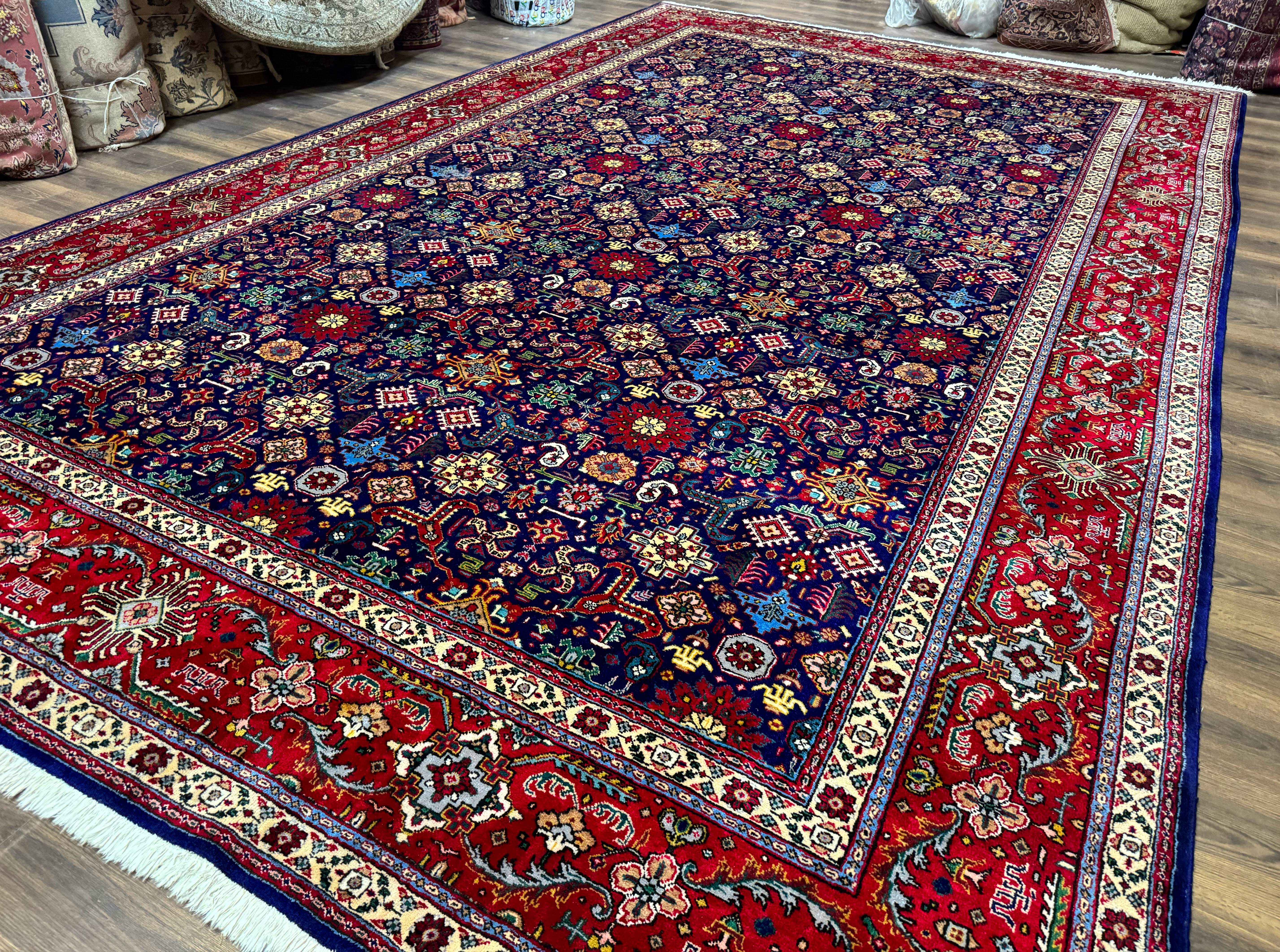 Large Persian Tabriz Rug 10x16, Navy Blue and Red, Allover Pattern, Vintage Hand Knotted Wool Carpet - Jewel Rugs