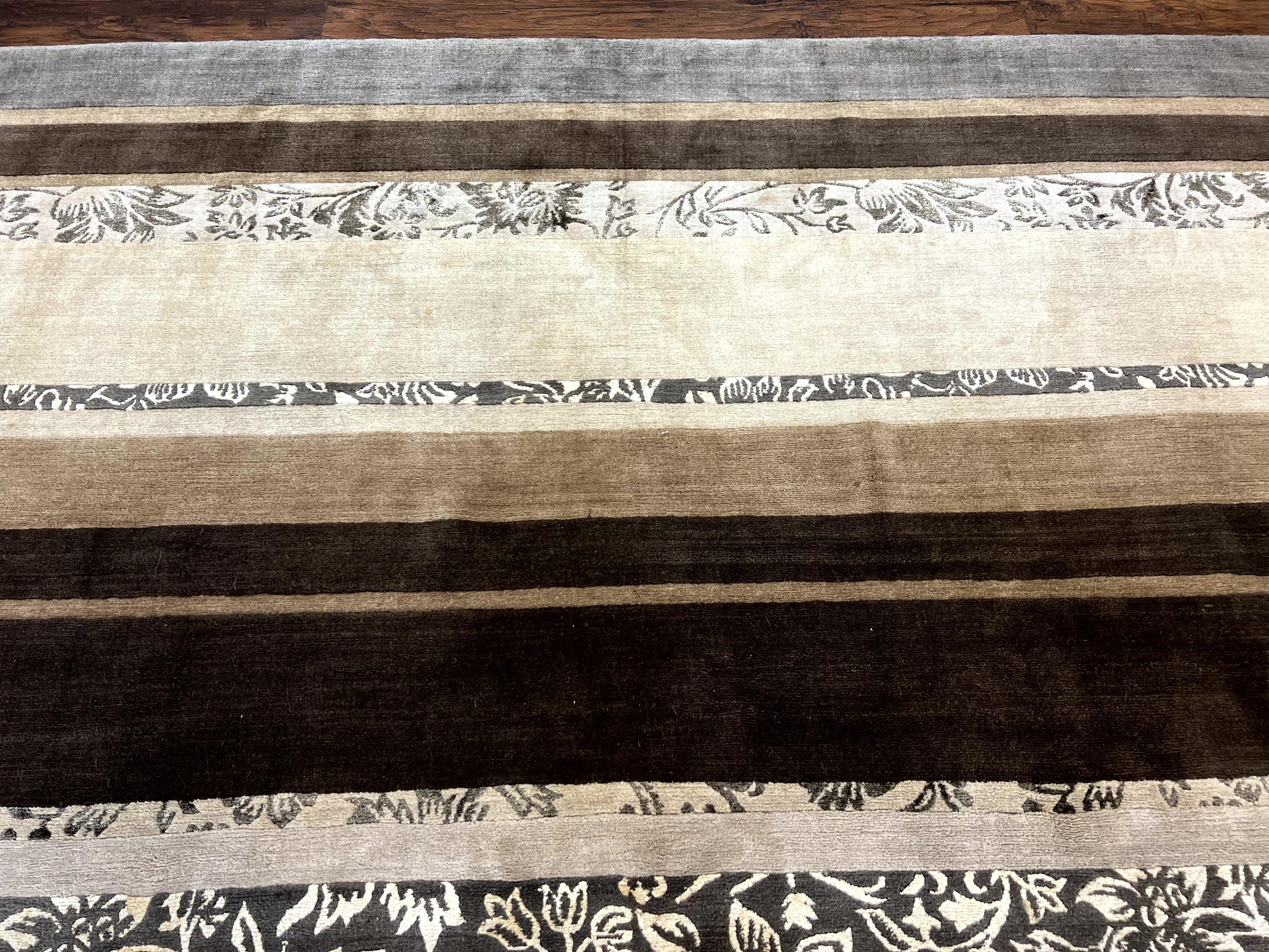 Modern Tibetan Nepali Rug 8x12, Stripe Pattern, Wool with Silk Highlights, Handmade, Beige Tan Brown - Jewel Rugs