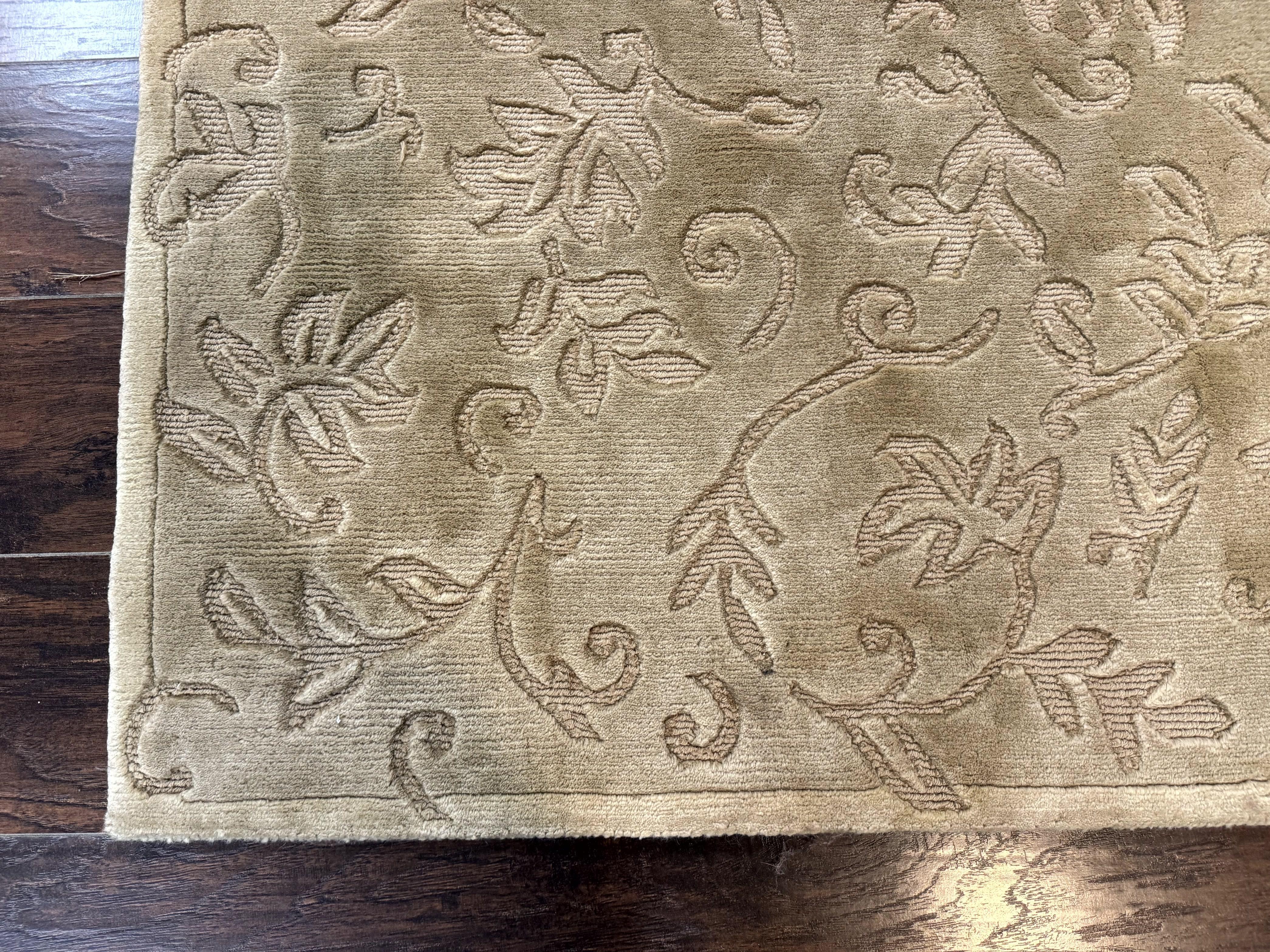 Modern Tibetan Rug 3.7 x 5.5, Carved Floral Design, Wool and Silk Highlights - Jewel Rugs