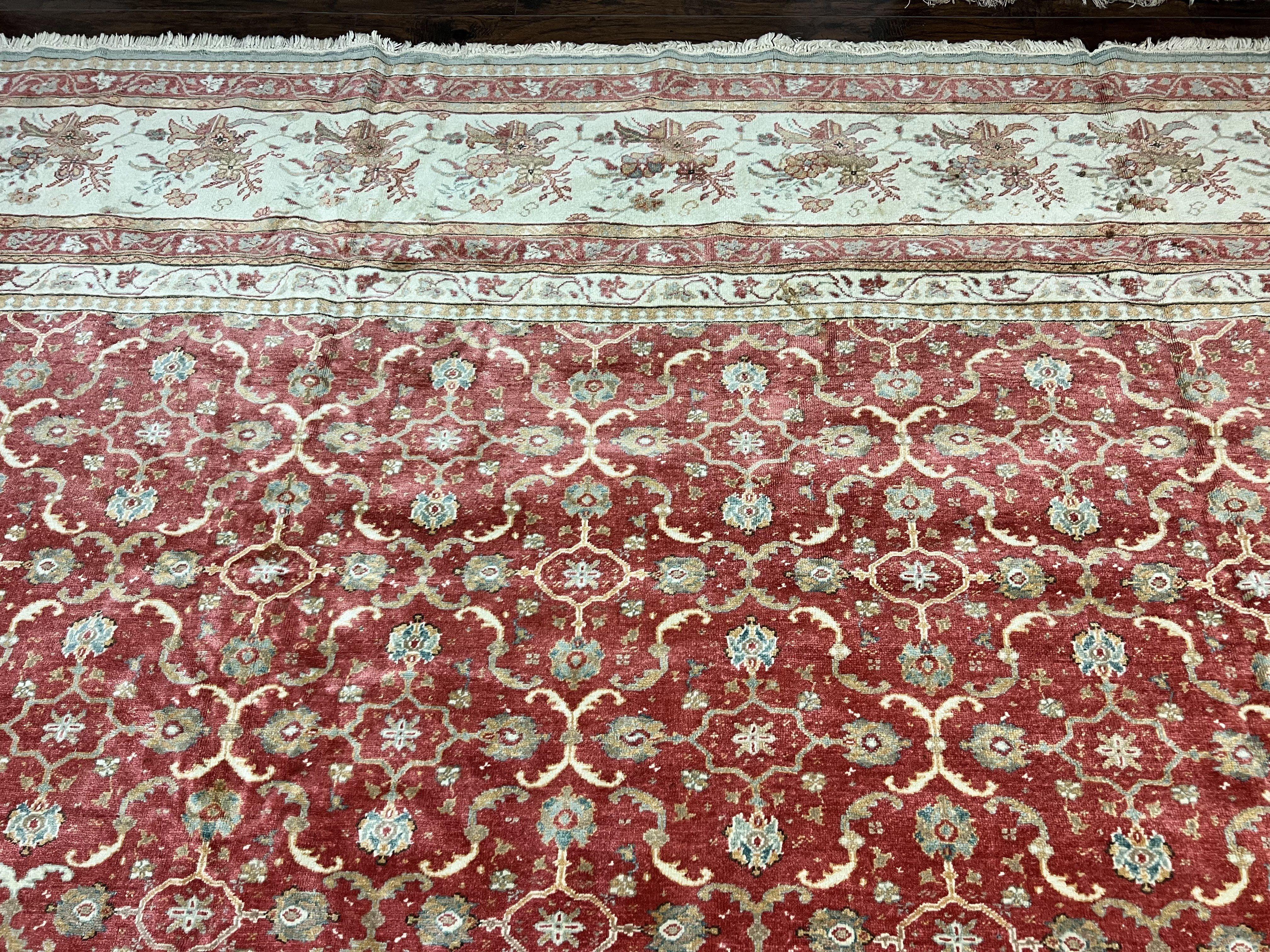 Turkish Oushak Rug 12x18, Wool Hand Knotted Vintage Carpet, Red & Oatmeal, 12 x 18 Palace SIze Handmade Oriental Rug - Jewel Rugs