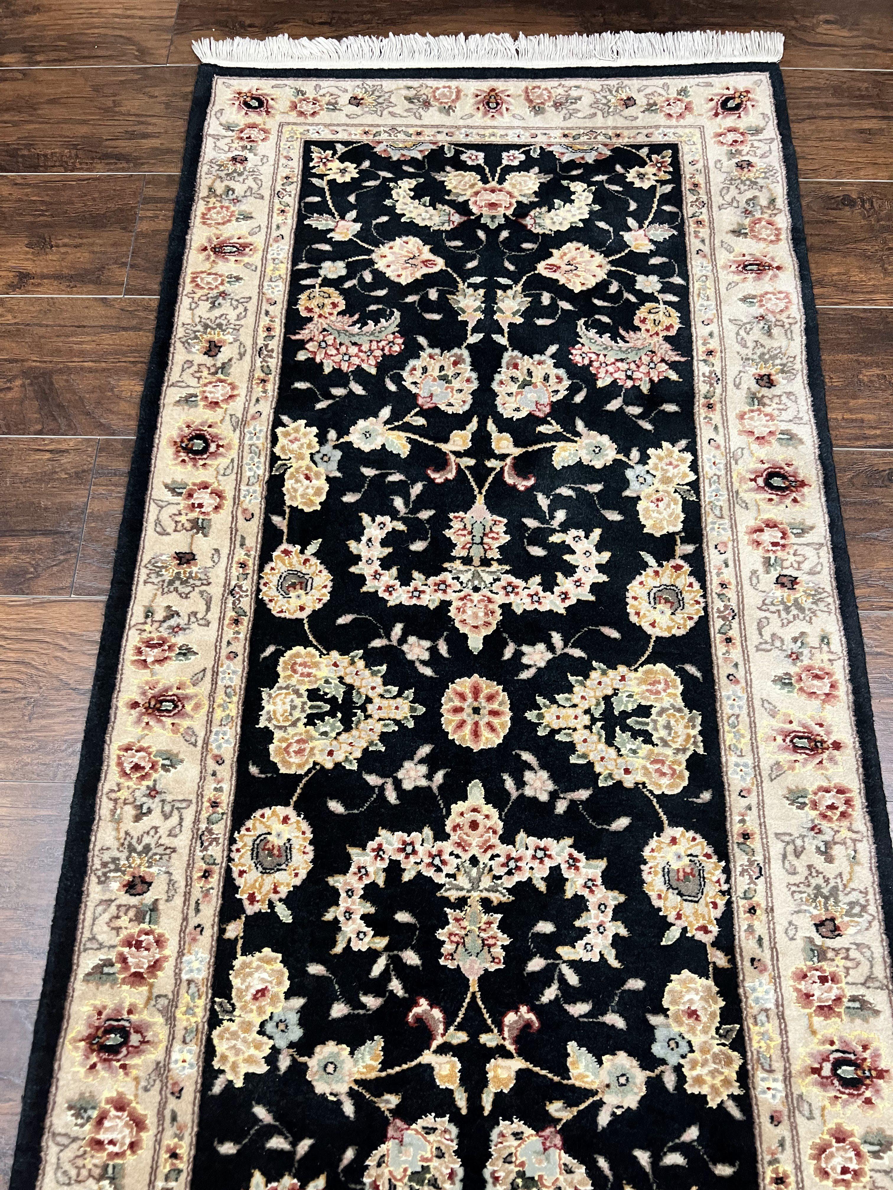 Sino Persian Short Runner Rug 2.7 x 6, Wool and Silk Highlights Black and Beige Handmade Vintage Floral Allover Oriental Carpet, Hallway Rug - Jewel Rugs