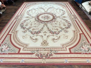 Large Aubusson Rug 10x14, Elegant French European Floral Design, Vintage Handmade Wool Room Sized Carpet, Ivory