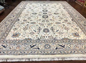 Indo Persian Rug 10x14, Floral Allover, Ivory and Light Gray, Handmade Vintage Wool Large Carpet
