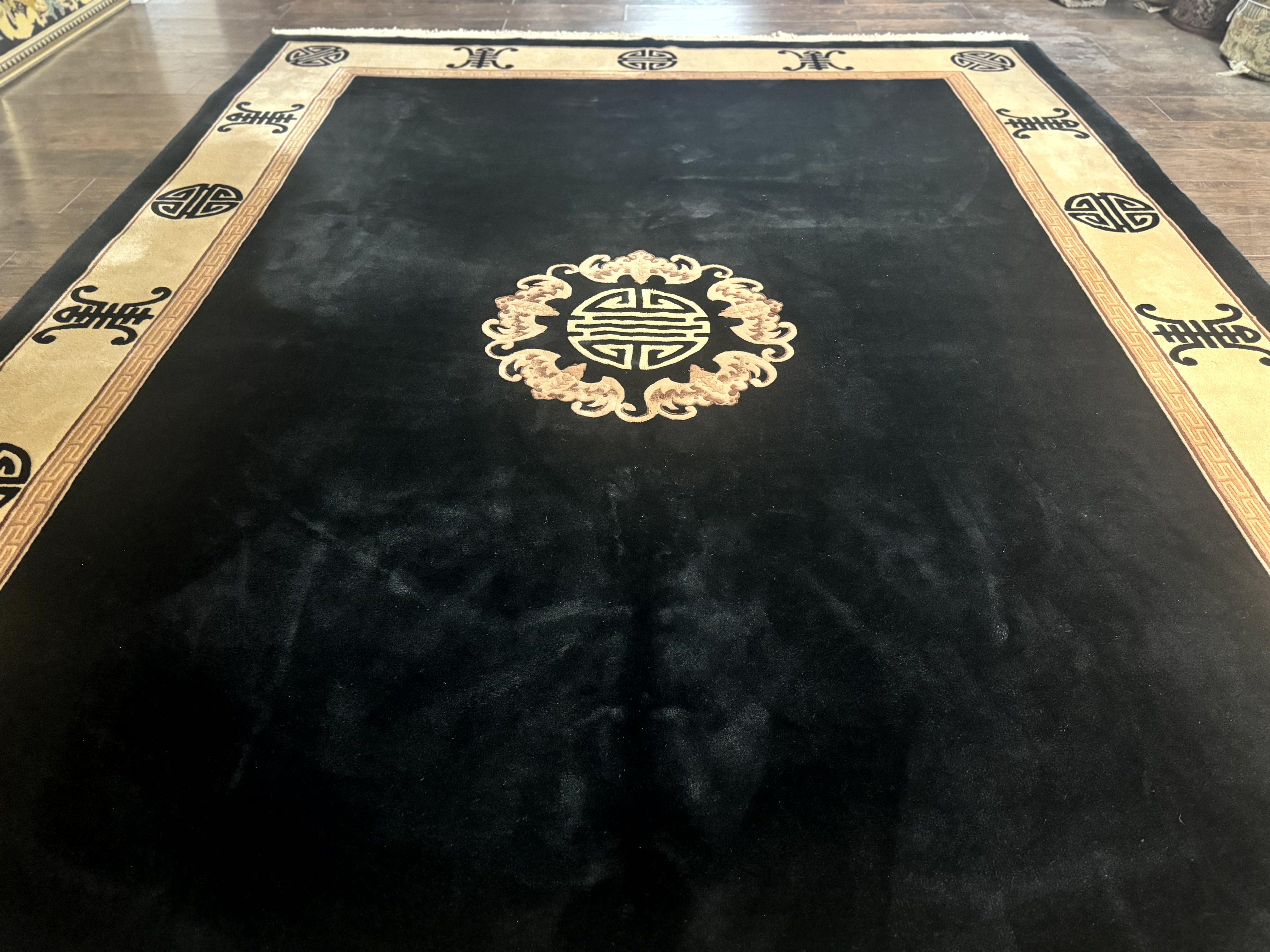 Black Chinese Wool Rug 9x12, Vintage Asian Oriental Carpet, Open Field Simple Design, Black and Beige - Jewel Rugs