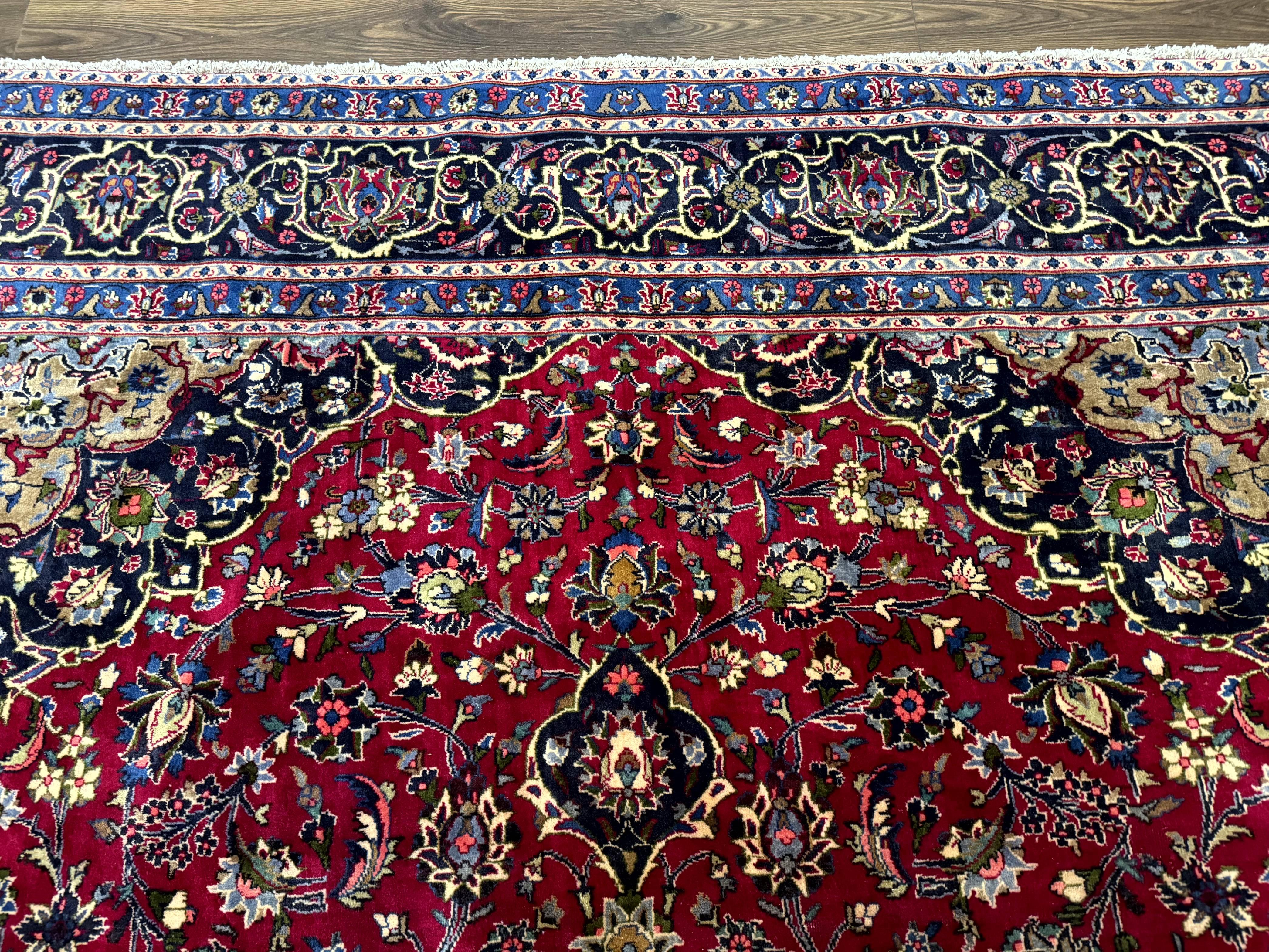 Traditional Persian Rug 8x11, Red Navy Blue, Floral Medallion, Antique Persian Mashad Carpet, Wool - Jewel Rugs