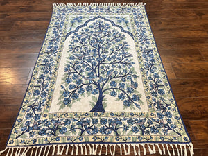 Tree of Life Indian Hand Stitched Rug 4x6, Indian Wall Hanging Rug, Ivory Blue, Silk on Cotton, Vintage