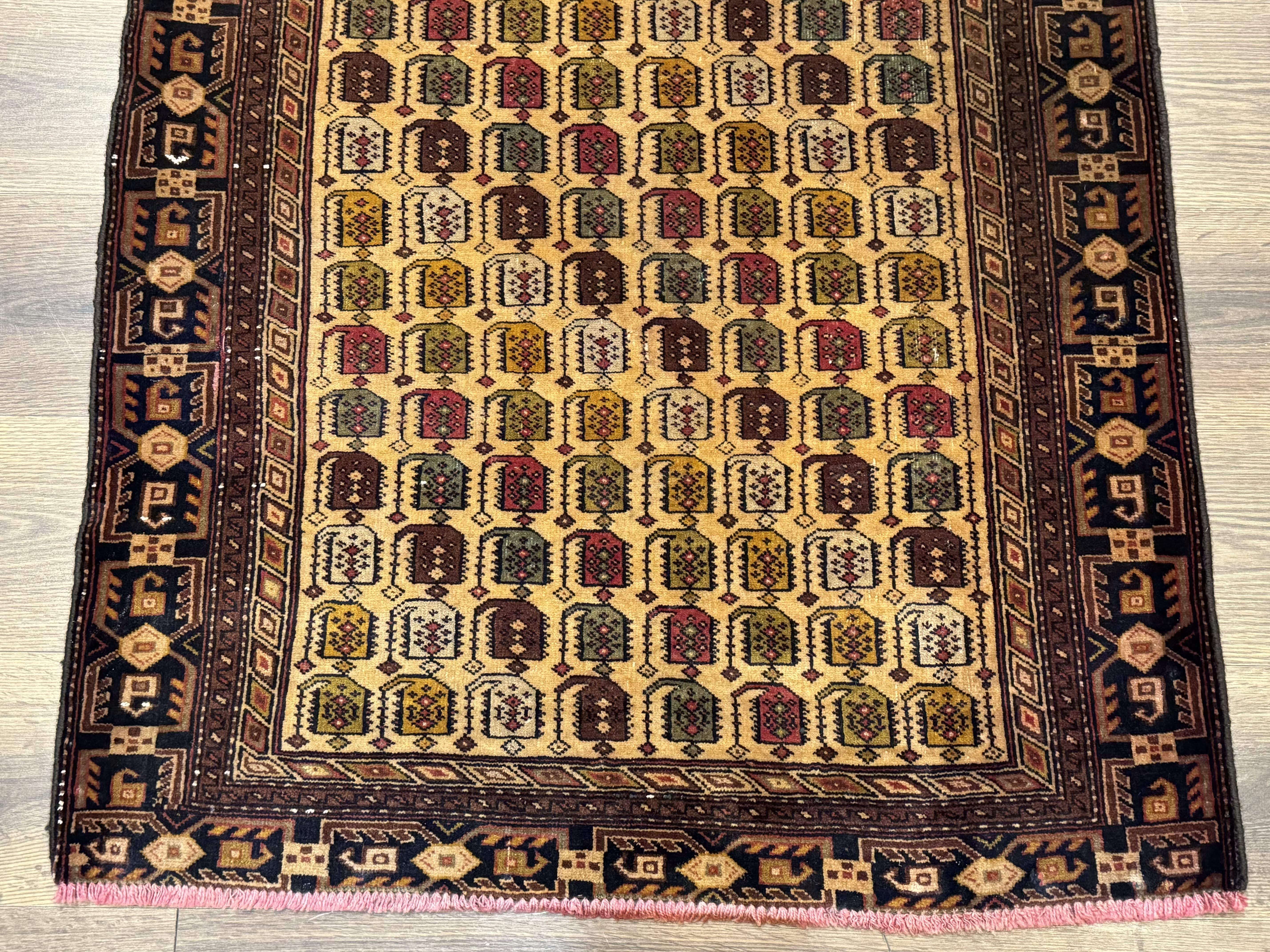 Persian Baluchi Prayer Rug 3x5 – Repeated Boteh Design, Golden-Tan, Handmade Wool Carpet - Jewel Rugs
