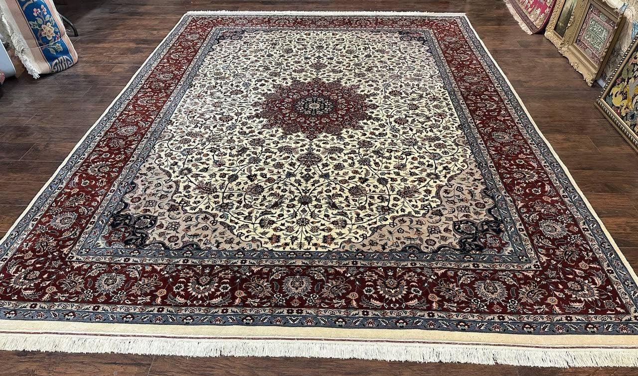 Sino Persian Rug 9x12, Vintage Wool Oriental Carpet, Floral Medallion, Wool Rug, Cream and Maroon - Jewel Rugs