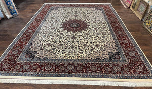 Sino Persian Rug 9x12, Vintage Wool Oriental Carpet, Floral Medallion, Wool Rug, Cream and Maroon