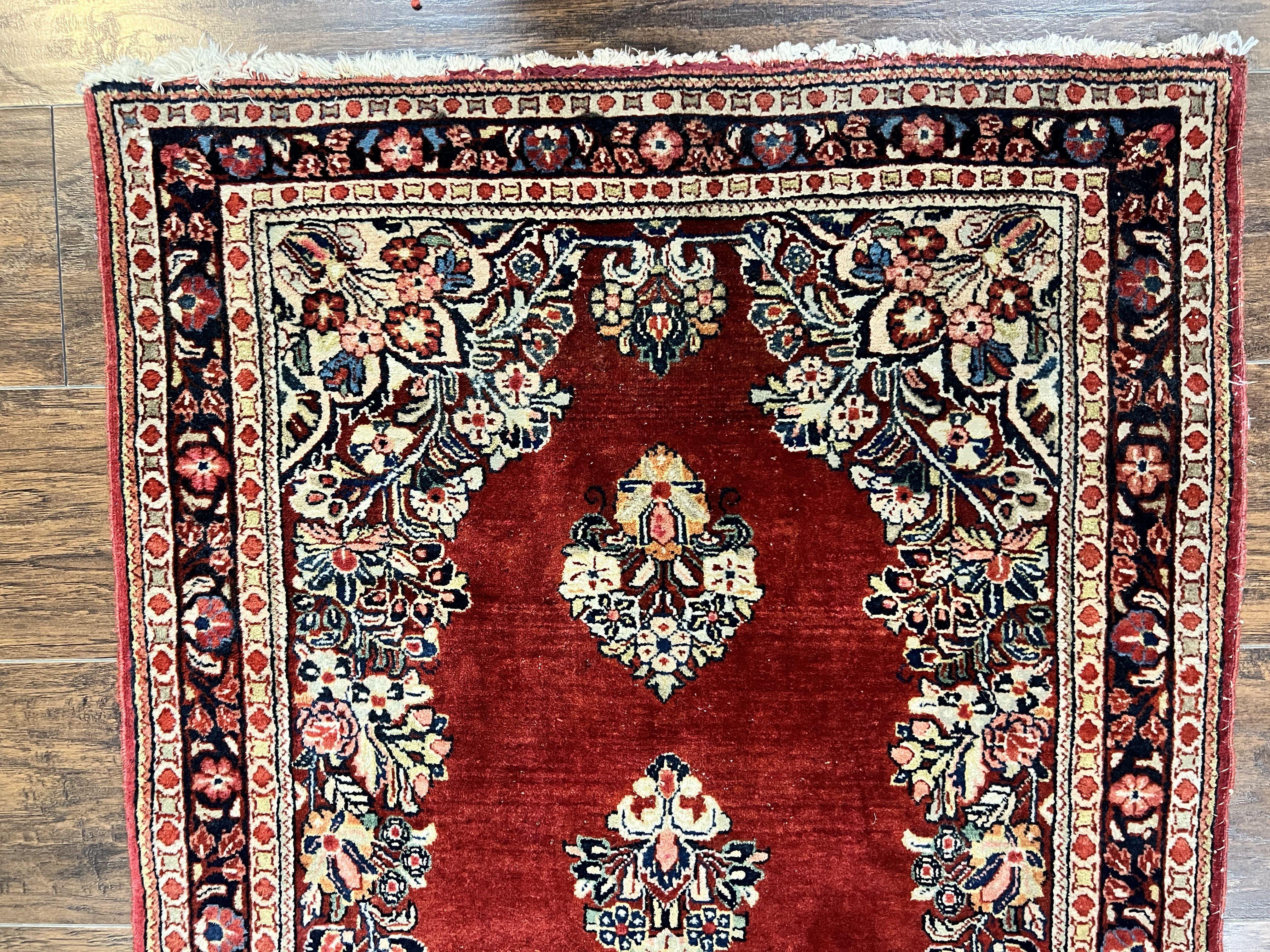 Persian Sarouk Runner Rug 2.7 x 6, Semi Open Field, Red, Handmade Hand Knotted, Wool Oriental Carpet, Vintage Semi Antique - Jewel Rugs