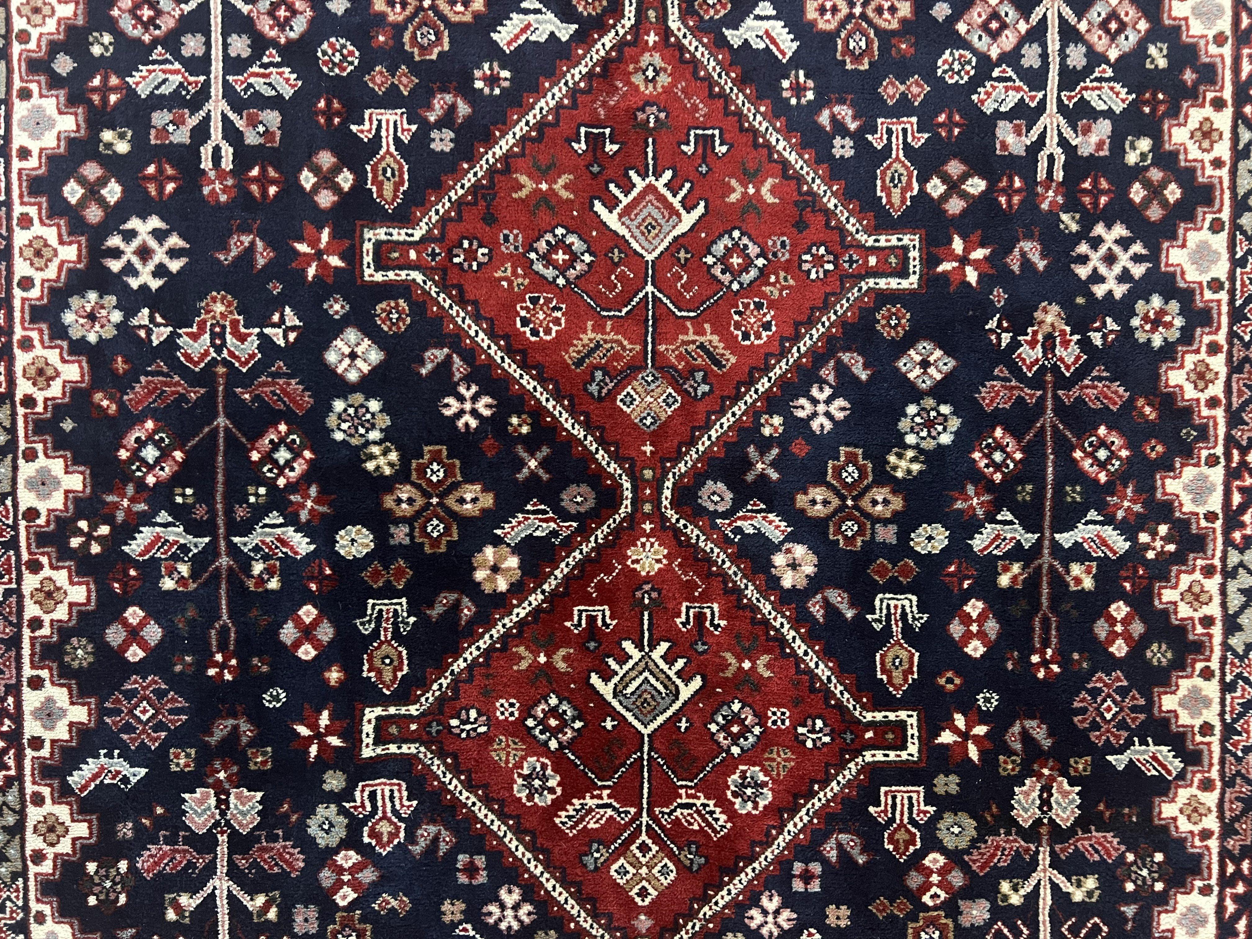 Persian Shiraz Tribal Rug 8x9, Geometric Medallions, Navy Blue and Red, Hand Knotted Handmade Semi Antique Wool Carpet - Jewel Rugs