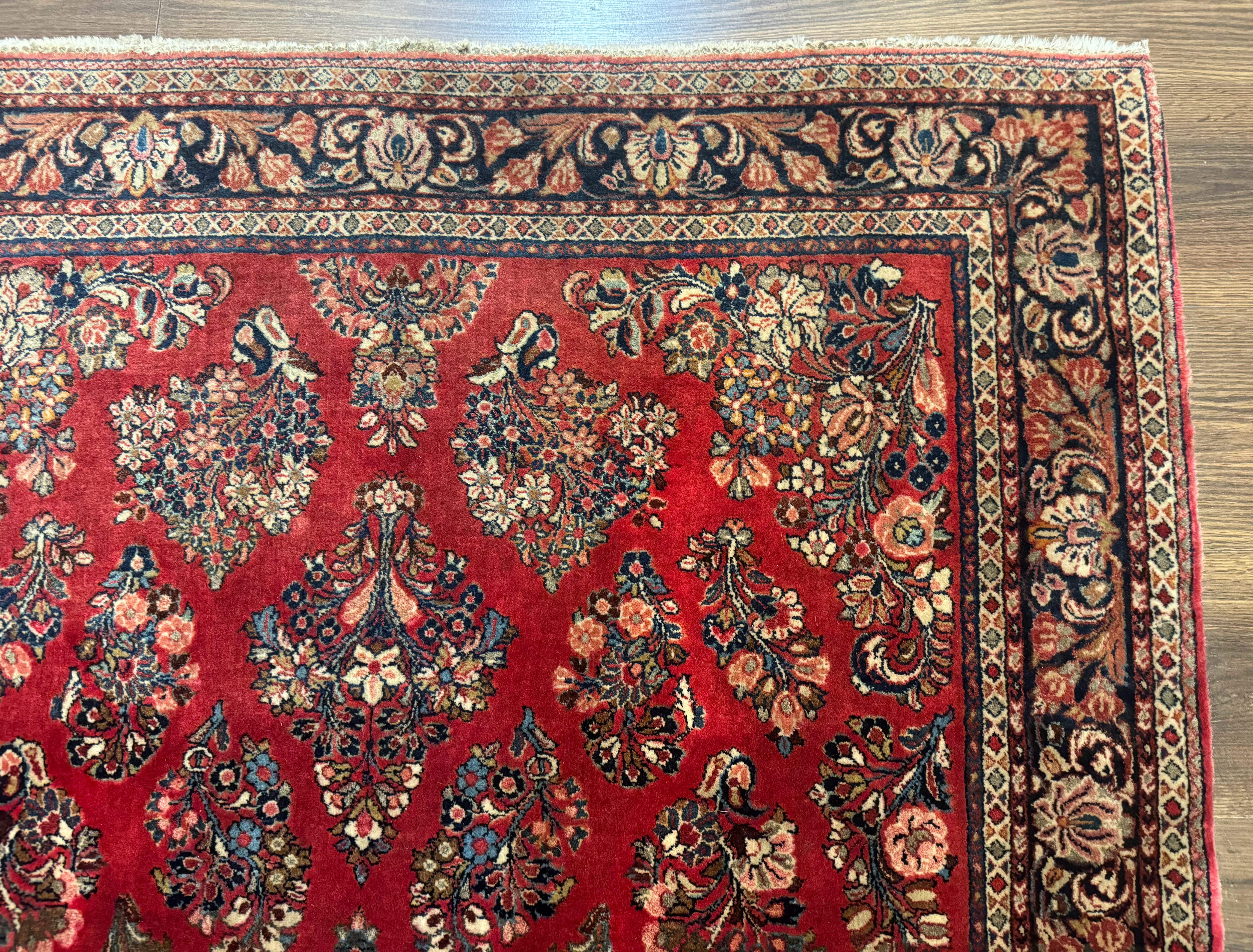 Sarouk Rug 4x6 – Red and Navy, Hand-Knotted Wool, Vintage Persian Carpet - Jewel Rugs