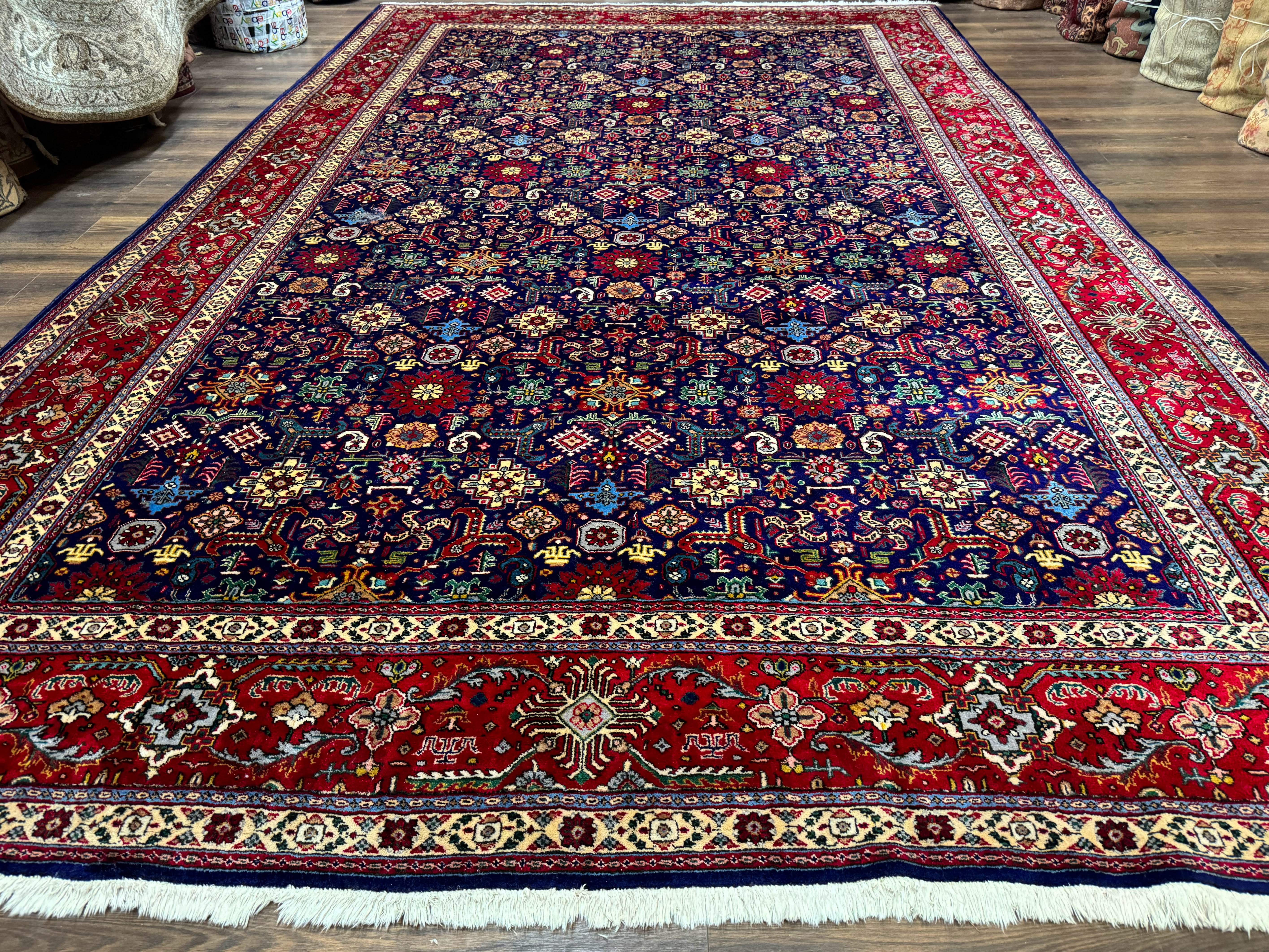 Large Persian Tabriz Rug 10x16, Navy Blue and Red, Allover Pattern, Vintage Hand Knotted Wool Carpet - Jewel Rugs