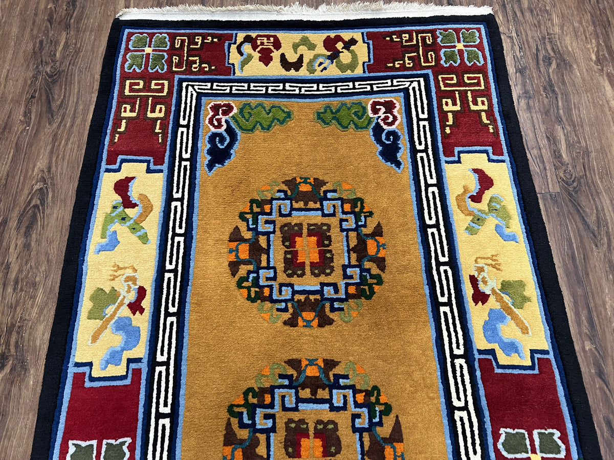Vintage Chinese Art Deco Rug 3x6, Orange Dark Blue Maroon Chinese Peking Carpet, Asian Oriental Wool Rug, Bold Colors, Bedroom Rug, Hallway
