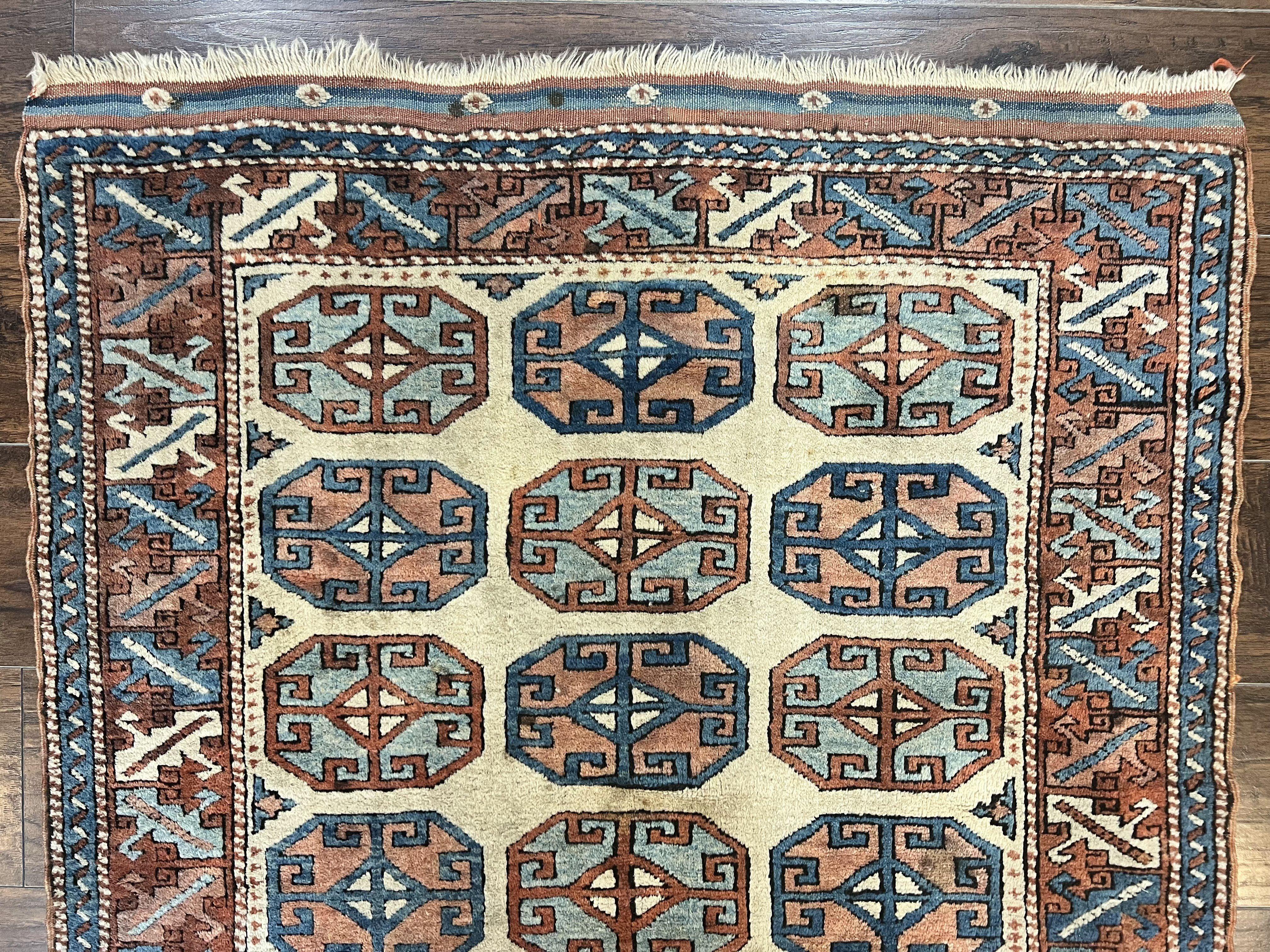 Turkish Kazak Rug 3x4, Wool Hand Knotted Handmade Vintage Carpet, Geometric Tribal Repeated Motif, Small 3 x 4 Antique Rug, Cream Red - Jewel Rugs