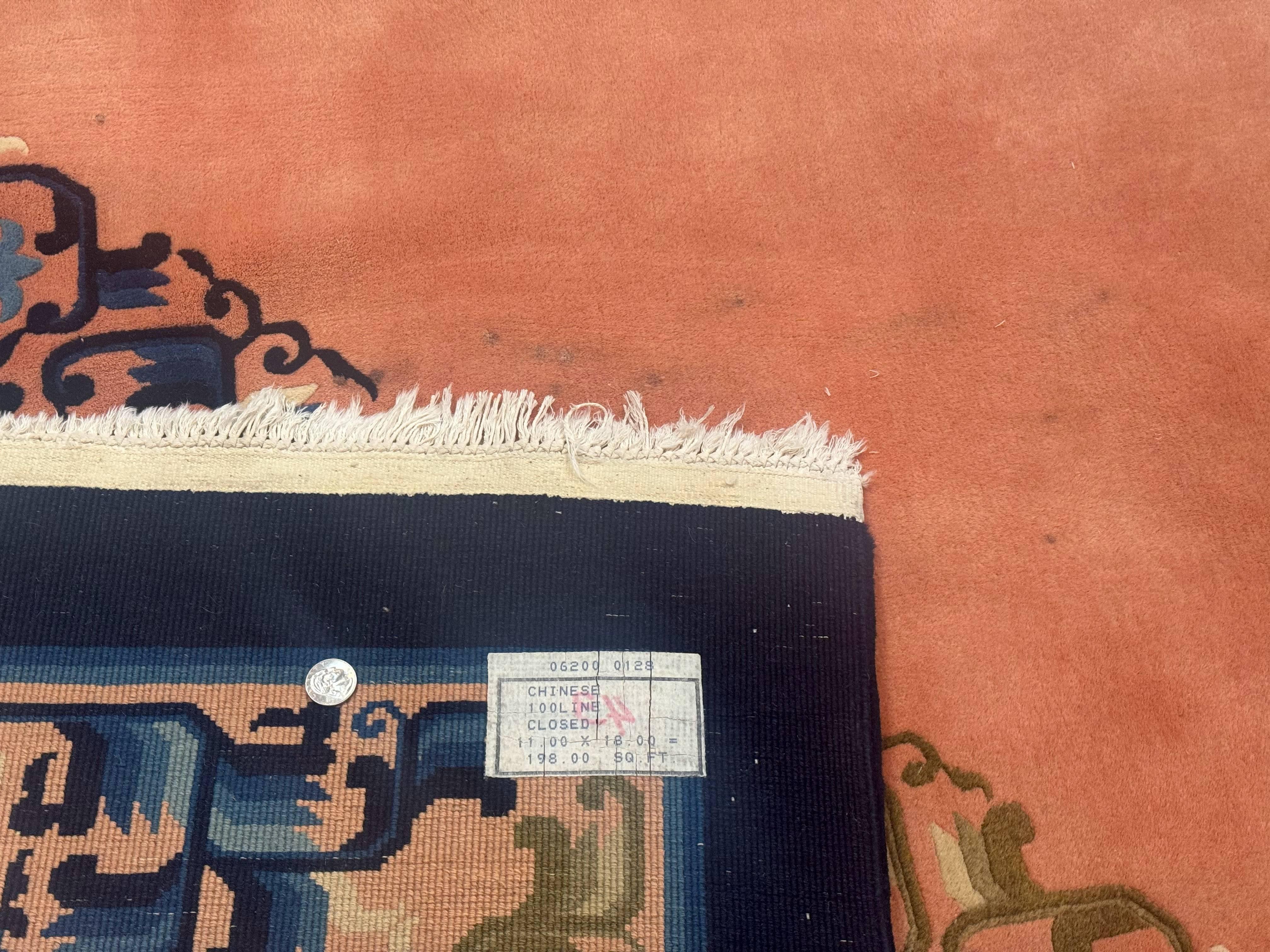 Chinese Wool Rug 11x18, Palace Sized Chinese Carpet, Peking Rug, Peach and Blue, Open Field, Simple Design, Art Deco Rug, Large Handmade Rug - Jewel Rugs