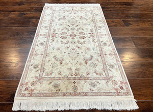Sino Persian Rug 3x5, Wool with Silk Highlights, Ivory Floral Traditional Wool Area Rug, Fine Oriental Carpet, Vintage 3 x 5 Handmade Rug