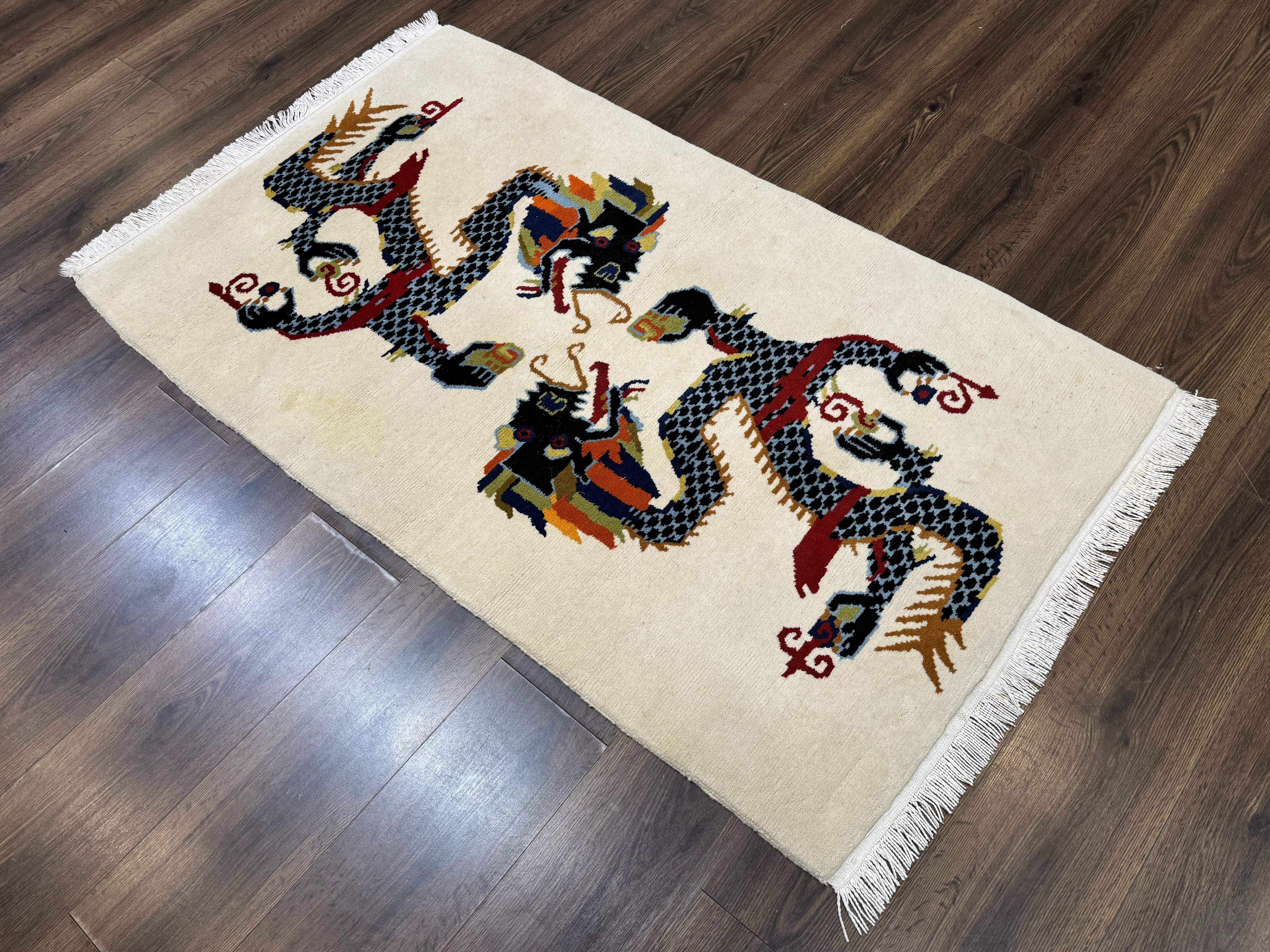 Chinese Double Dragon Rug 3x5 – Ivory, Hand-Knotted Wool Vintage - Jewel Rugs
