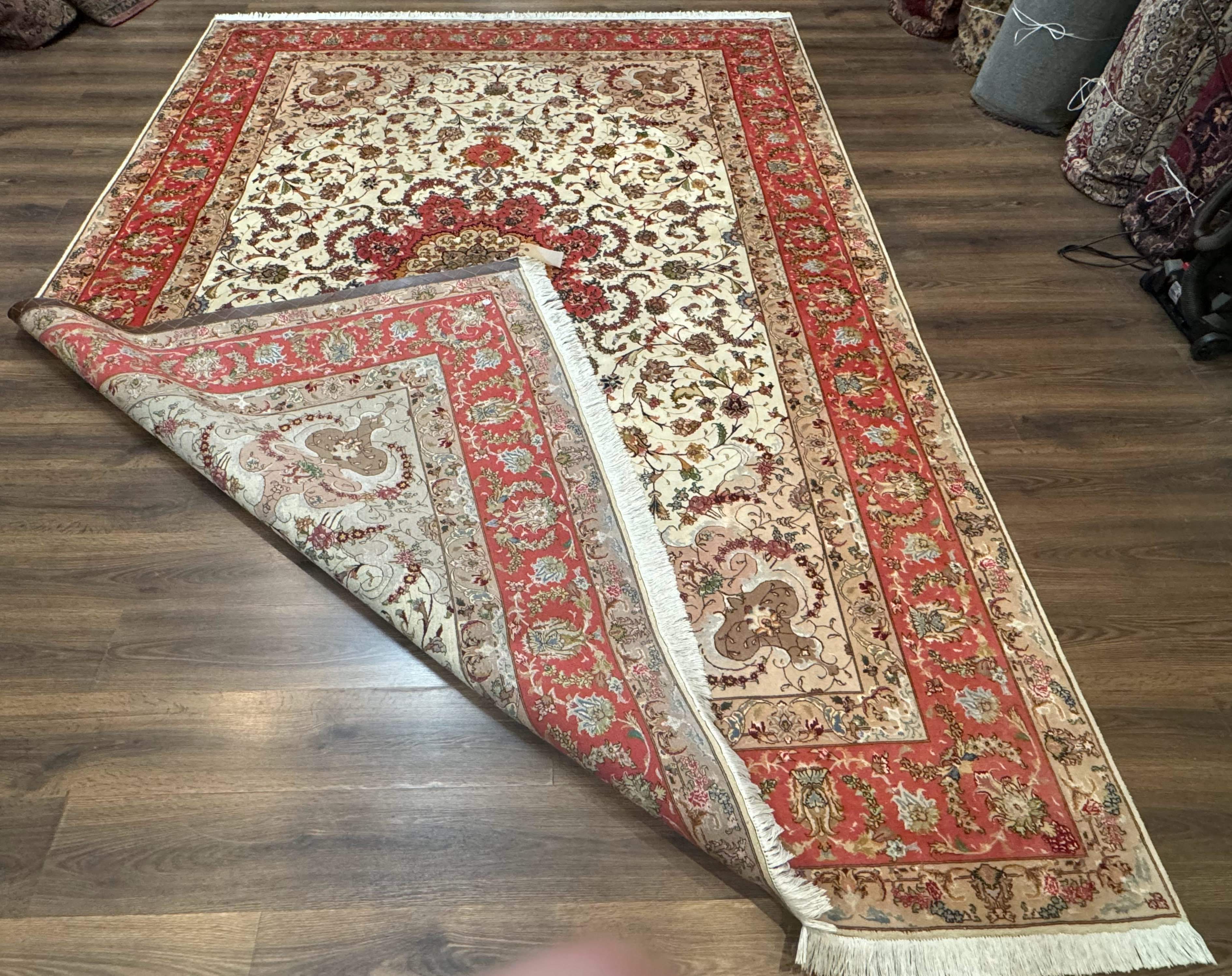 Persian Tabriz Rug 8x12 – Ivory and Coral Red, Hand-Knotted Wool Fine Carpet - Jewel Rugs