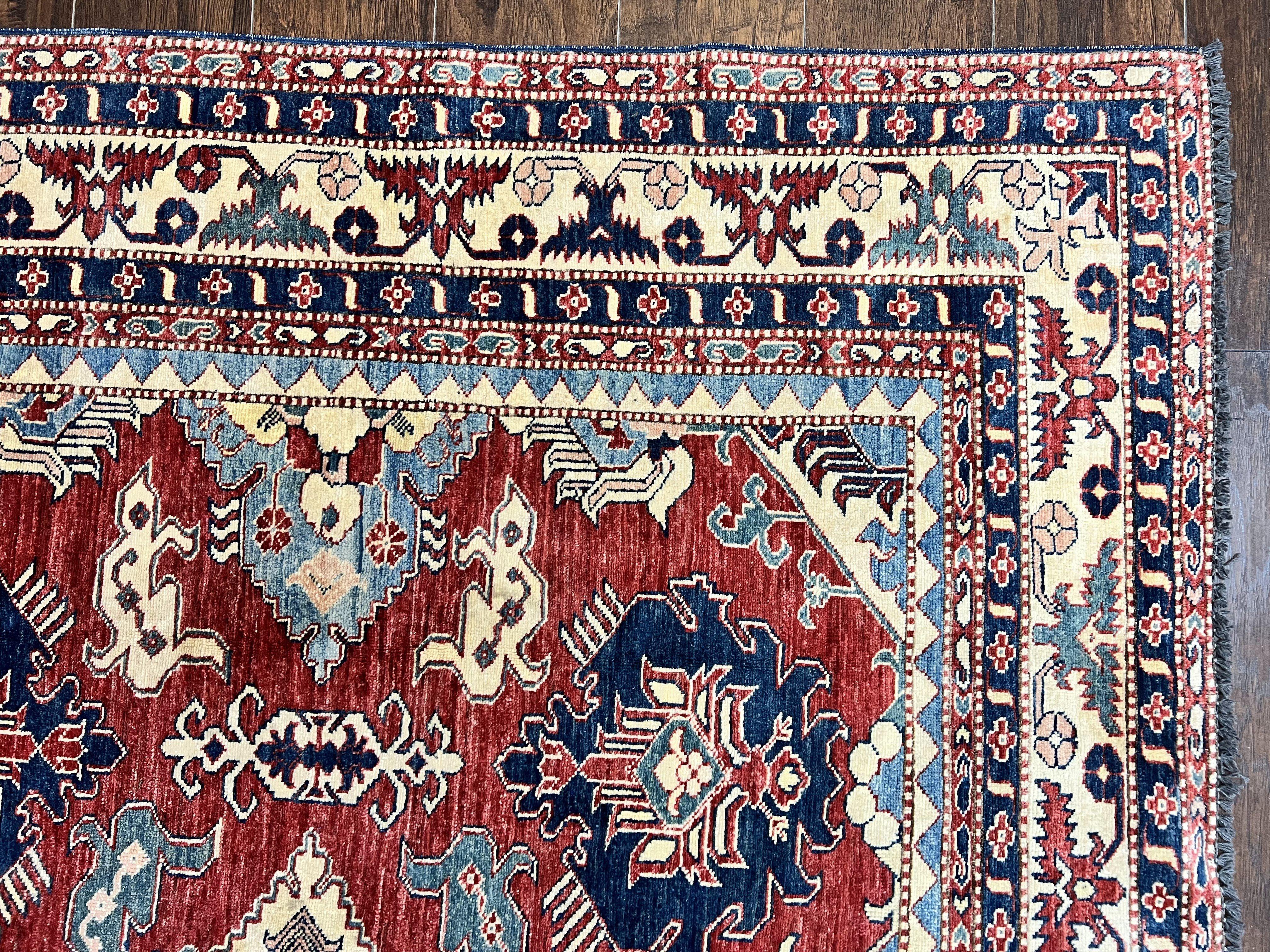 Turkish Heriz Rug 7x10, Wool Hand Knotted Handmade Room Sized Oriental Carpet, Red & Ivory, Vintage Geometric Oriental Rug 7 x 10 ft - Jewel Rugs