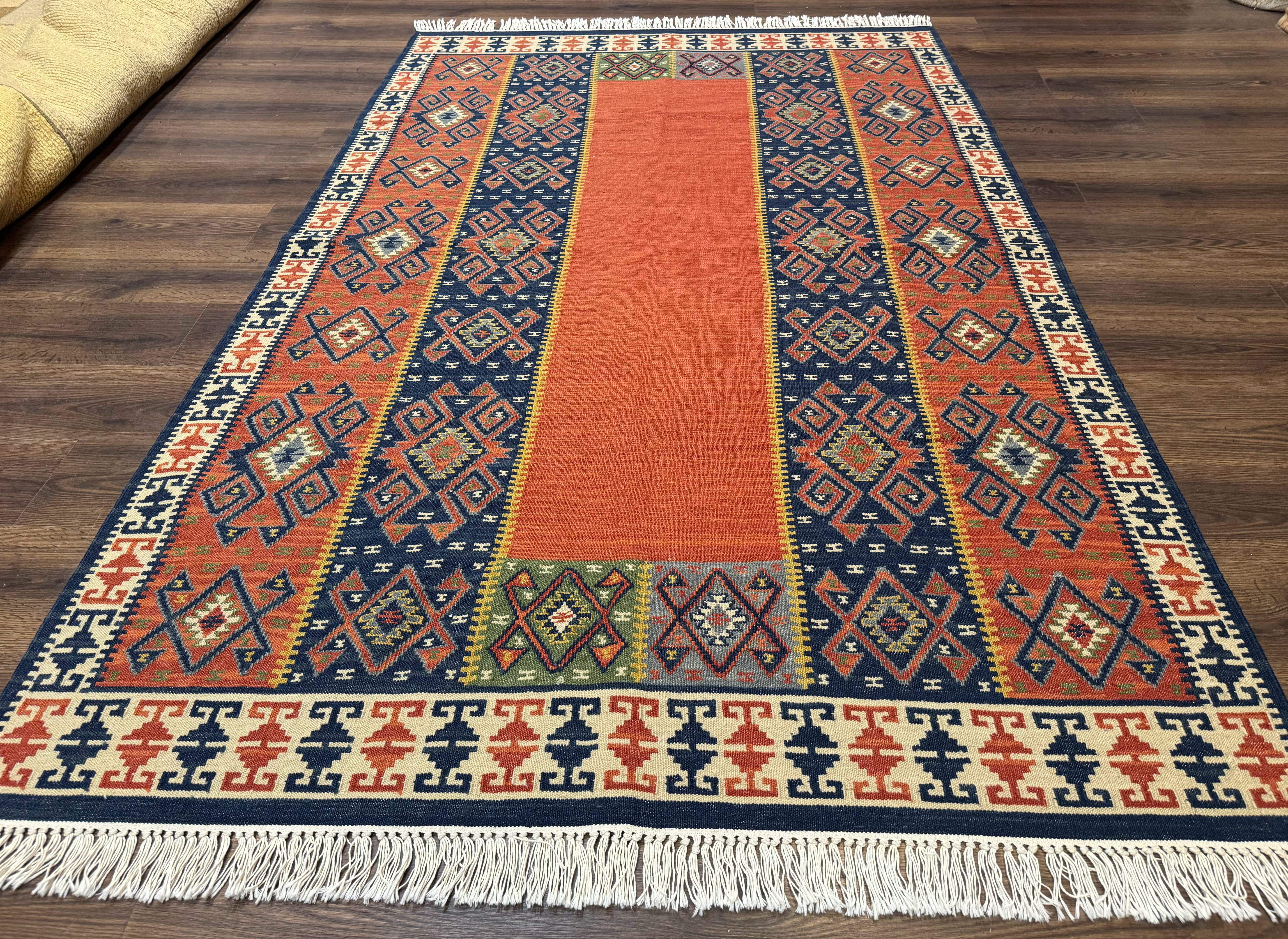 Turkish Kilim Rug 5x8, Flatweave Carpet, Handmade Bohemian Rug, Terracotta and Navy Blue - Jewel Rugs