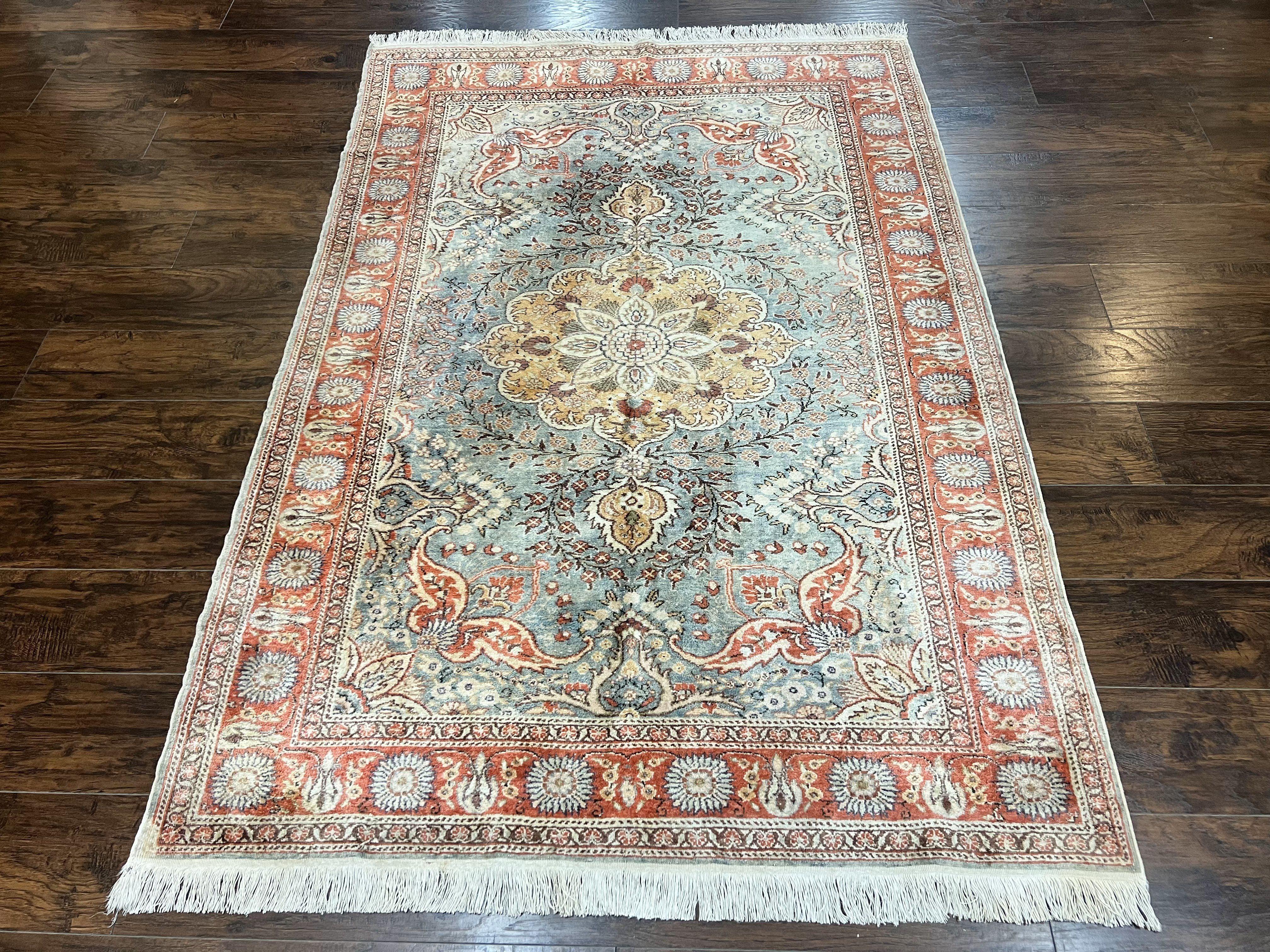 Silk Turkish Rug 5x7, Light Blue Silk Carpet, Floral Medallion, Turkish Kayseri Rug, Vintage Handmade Oriental Rug - Jewel Rugs