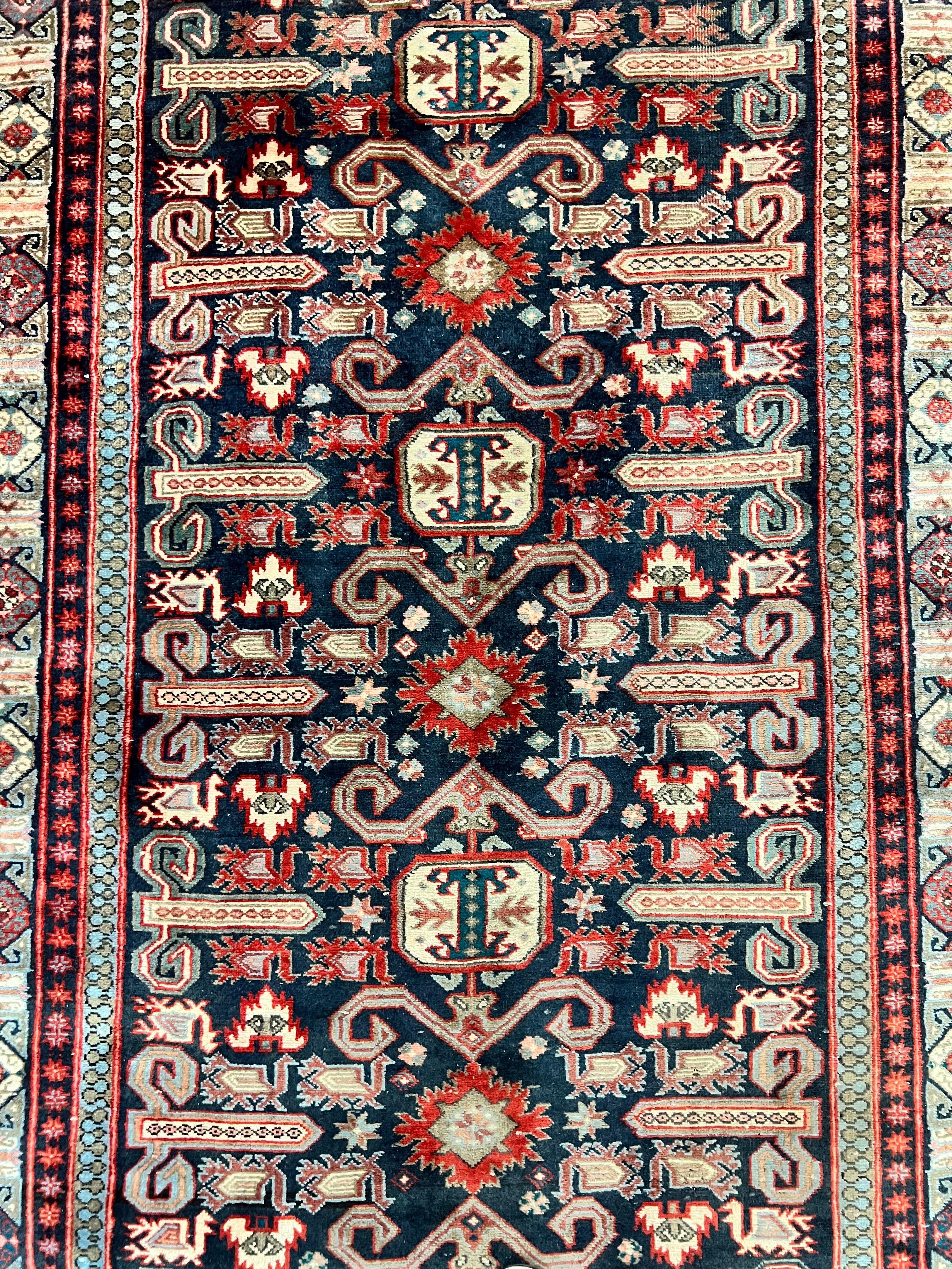 Persian Wide Runner Rug 4.8 x 10, Persian Kalegi Ardabil Rug, Perpedil Caucasian Rug, Antique Handmade Wool Carpet, Navy Blue Red, Tribal Rug - Jewel Rugs