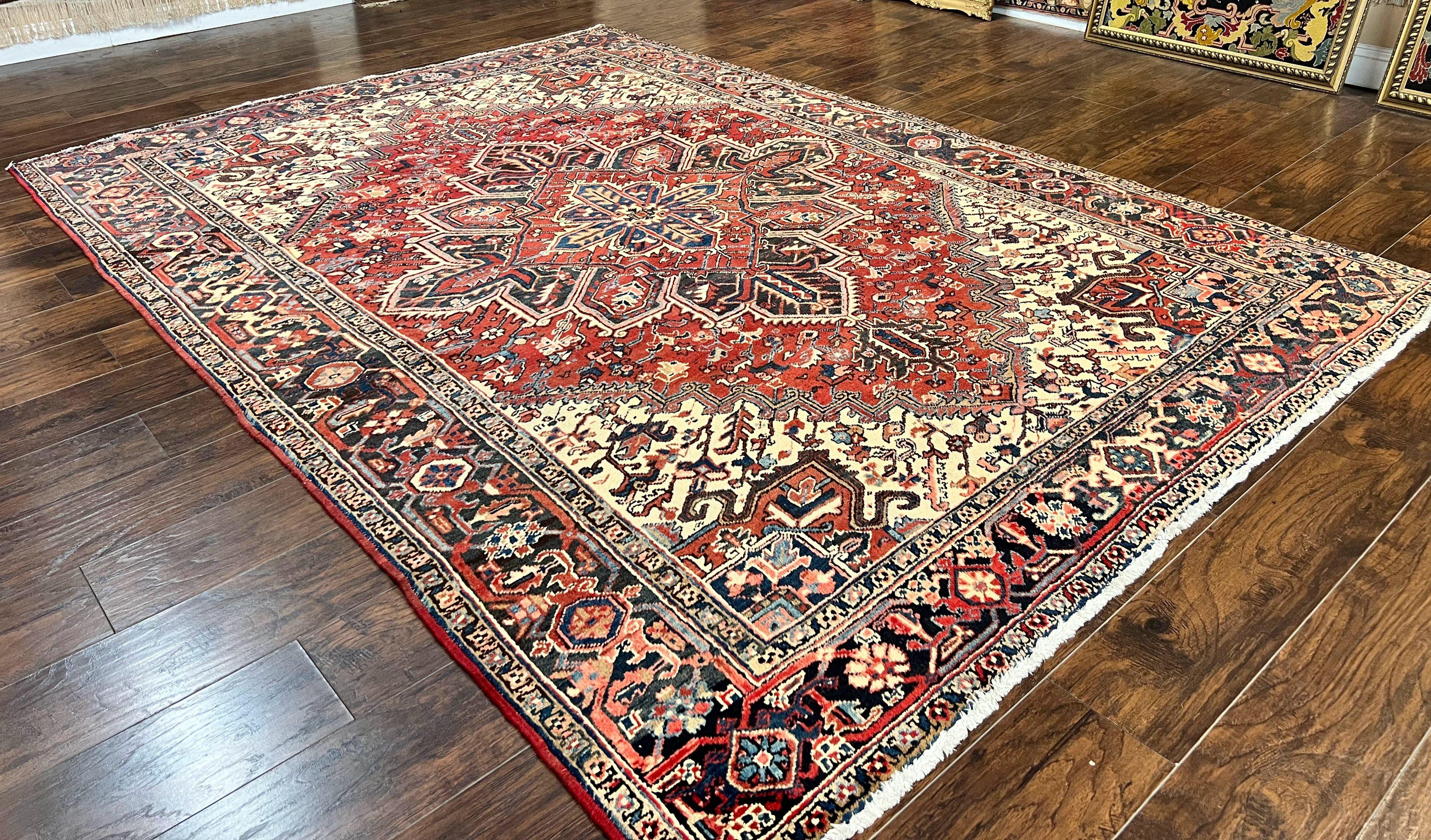 Persian Heriz Rug 8x11, Wool Hand Knotted Antique Carpet, Red Navy Blue Ivory, Geometric Rug, 8 x 11 Room Sized Oriental Rug - Jewel Rugs