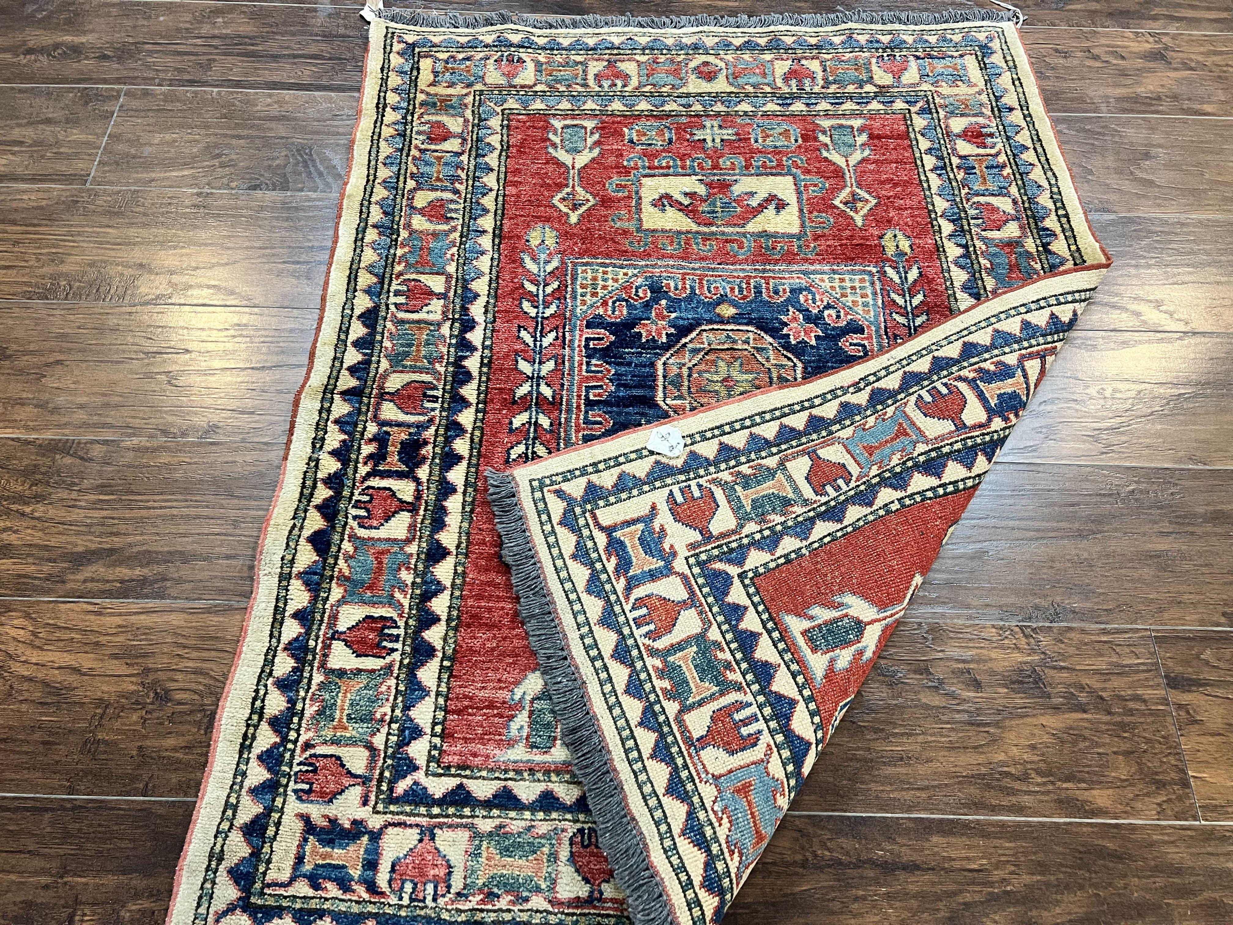 Turkish Kazak Rug 3x4, Wool Hand Knotted Small Vintage Carpet, Red Navy Blue, 3 x 4 Oriental Rug, Geometric Design - Jewel Rugs