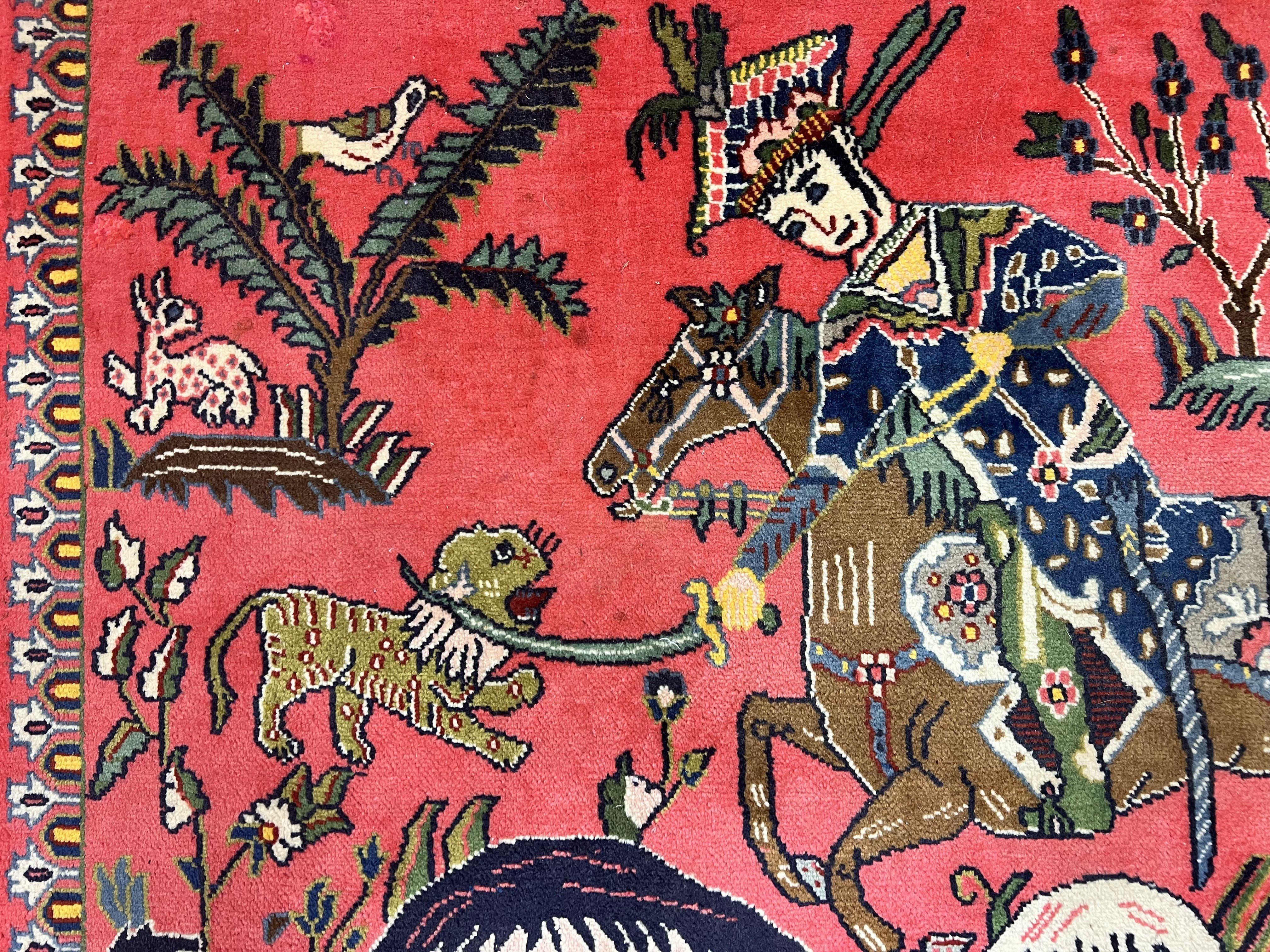 Persian Kashan Hunting Rug 4x3, Wool Hand-Knotted Vintage Carpet, Semi Antique Pictoral Rug, Red, Horsemen Lion Animal Pictorials - Jewel Rugs