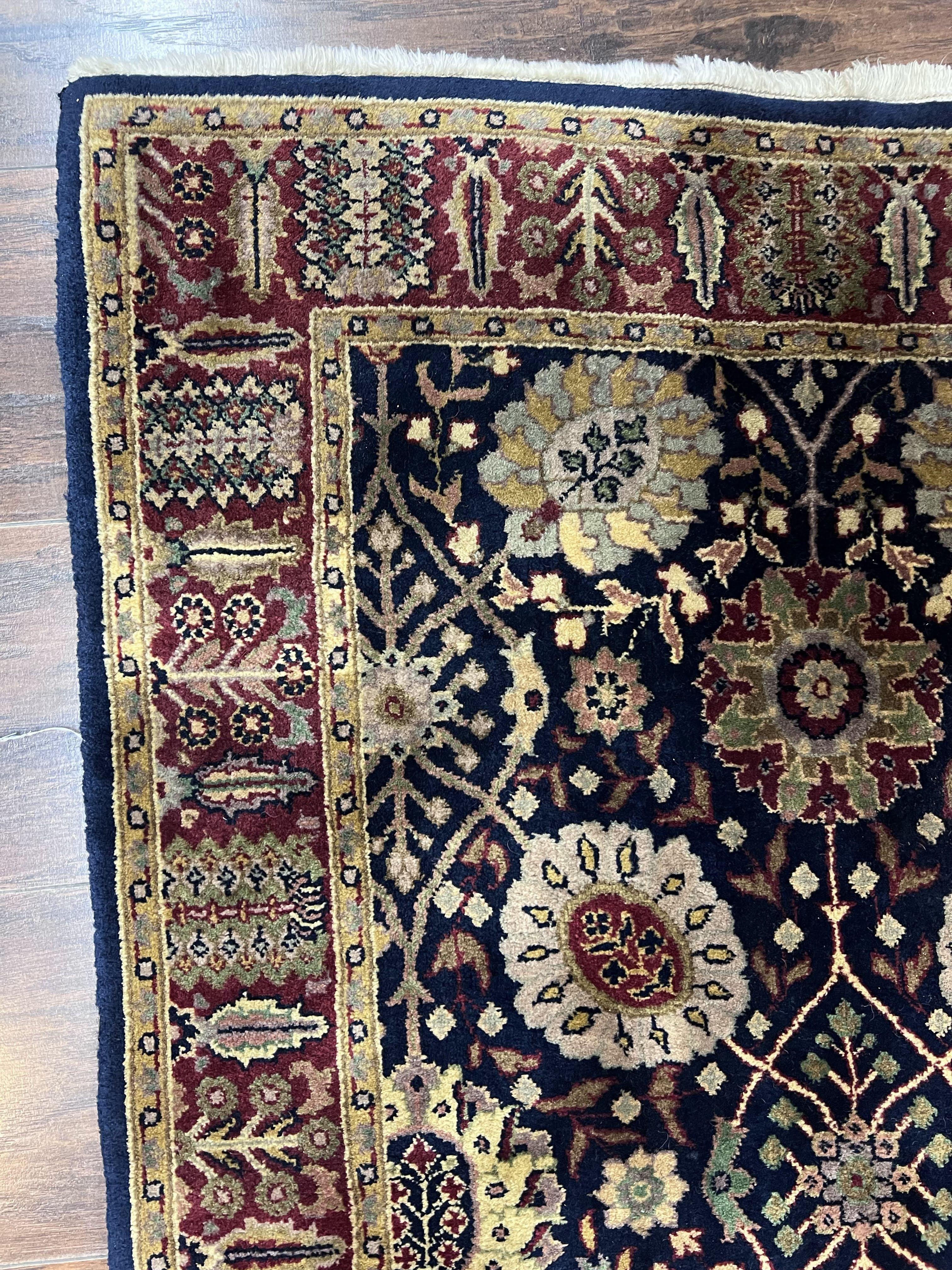 Indo Persian Runner 2.8 x 18, Long Skinny Hallway Wool Runner Rug, Hand Knotted Vintage Floral Allover Traditional Runner Dark Blue Burgundy - Jewel Rugs