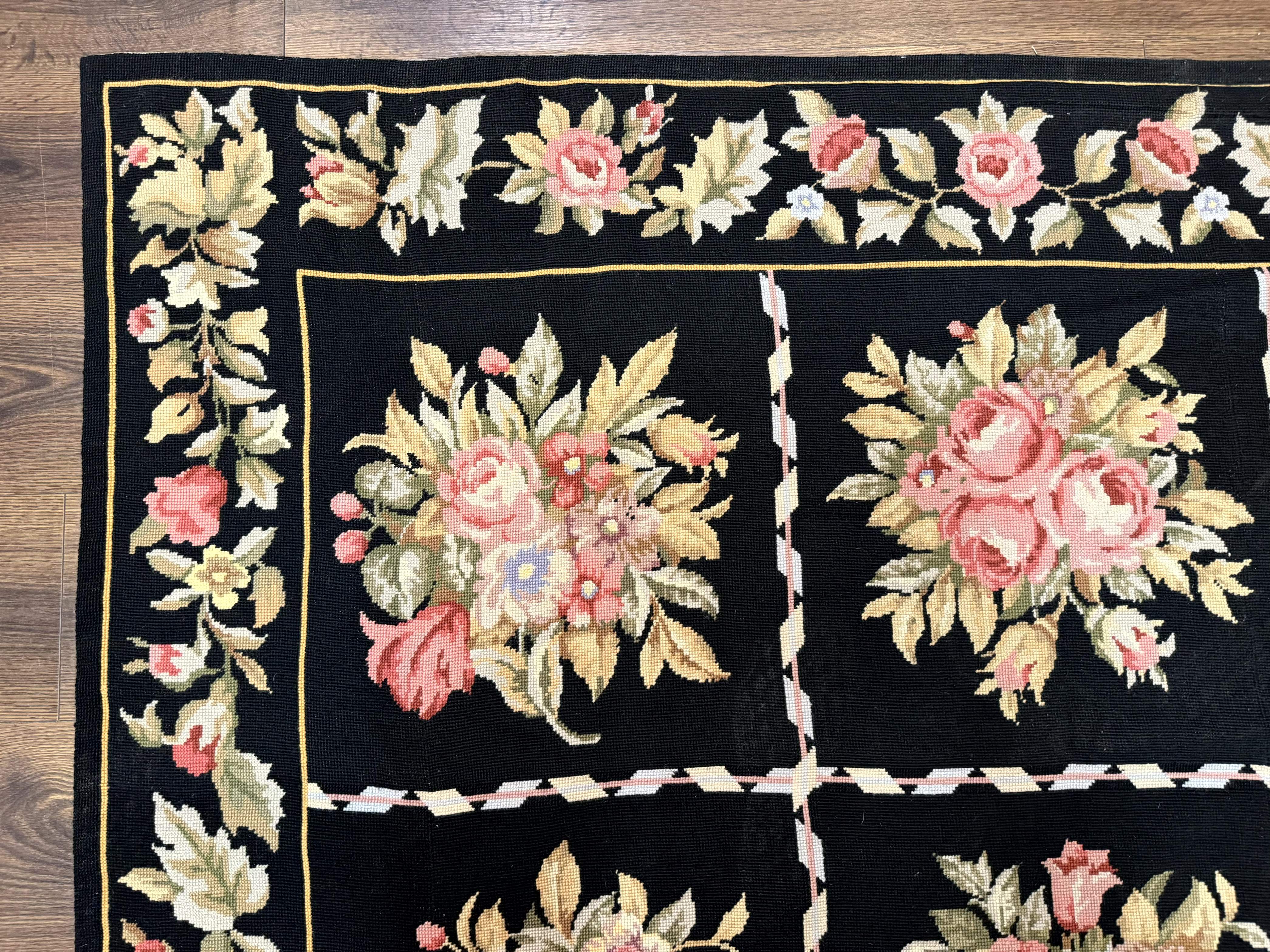 Black Floral Needlepoint Rug 5x9, European Panel Design, Vintage Carpet - Jewel Rugs
