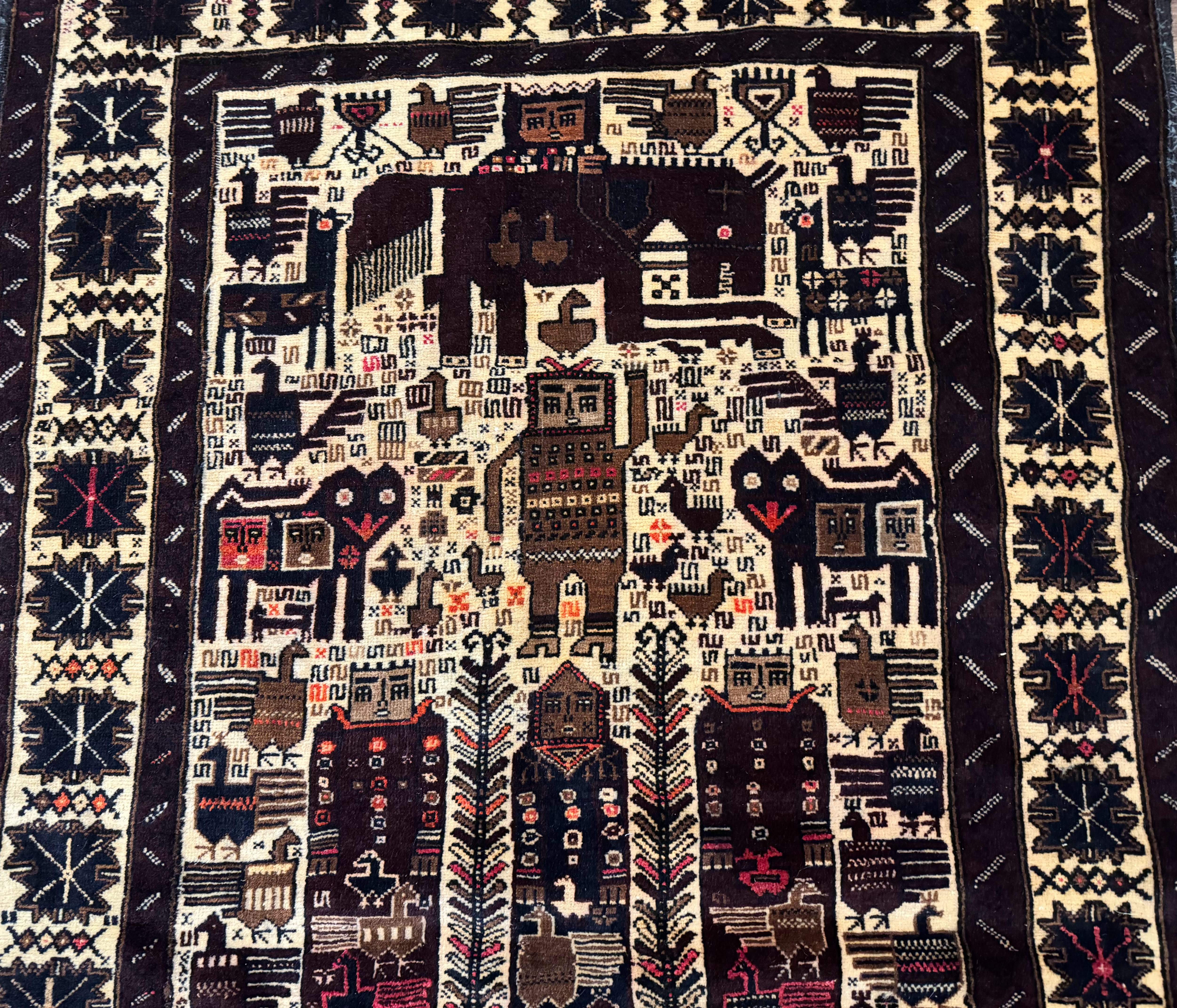 Persian Baluch Tribal Rug 4x6, Human and Bird Pictorials, Vintage, Wool, Collectible - Jewel Rugs