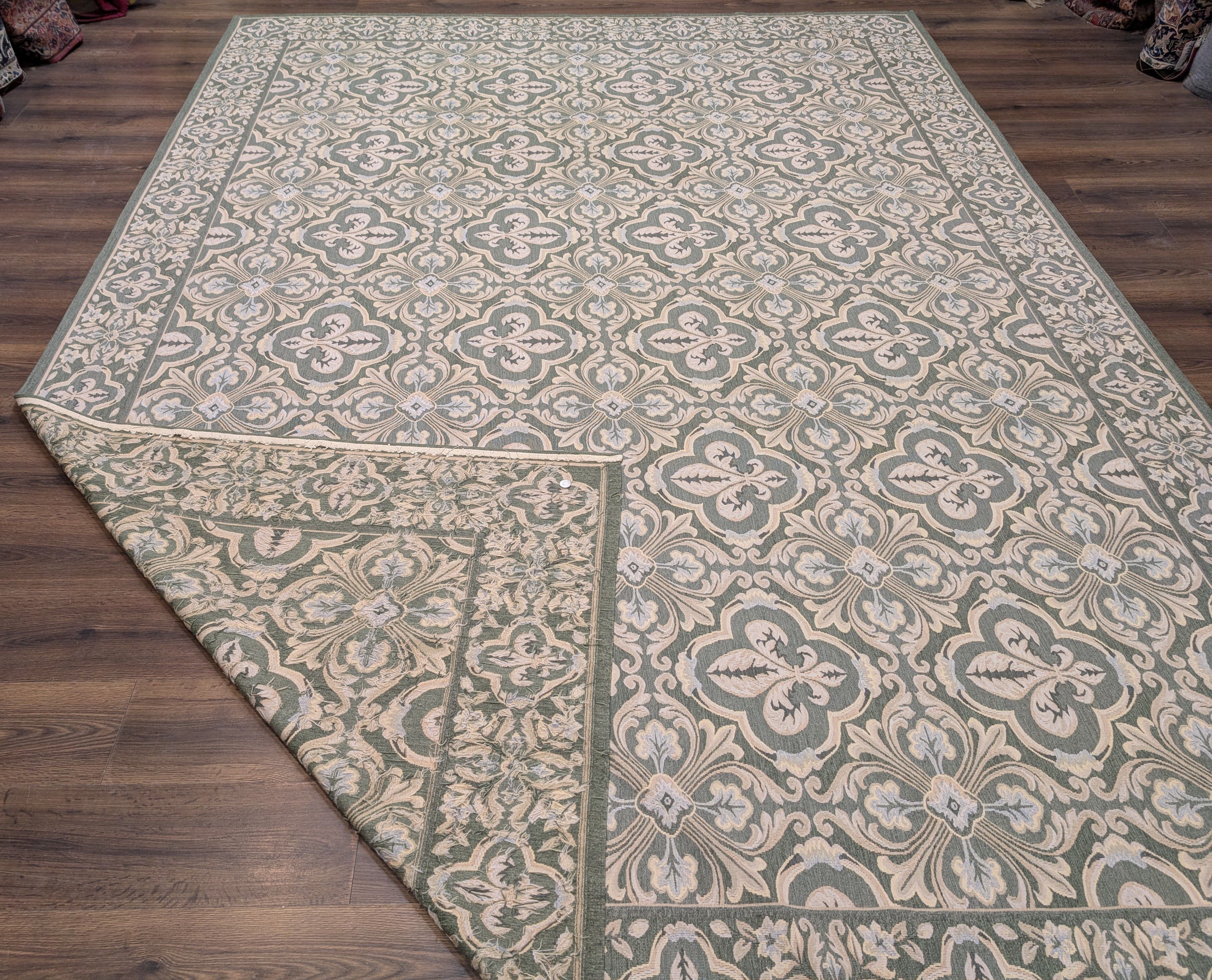 Green Aubusson Rug 9x12, European Design, Wool - Jewel Rugs