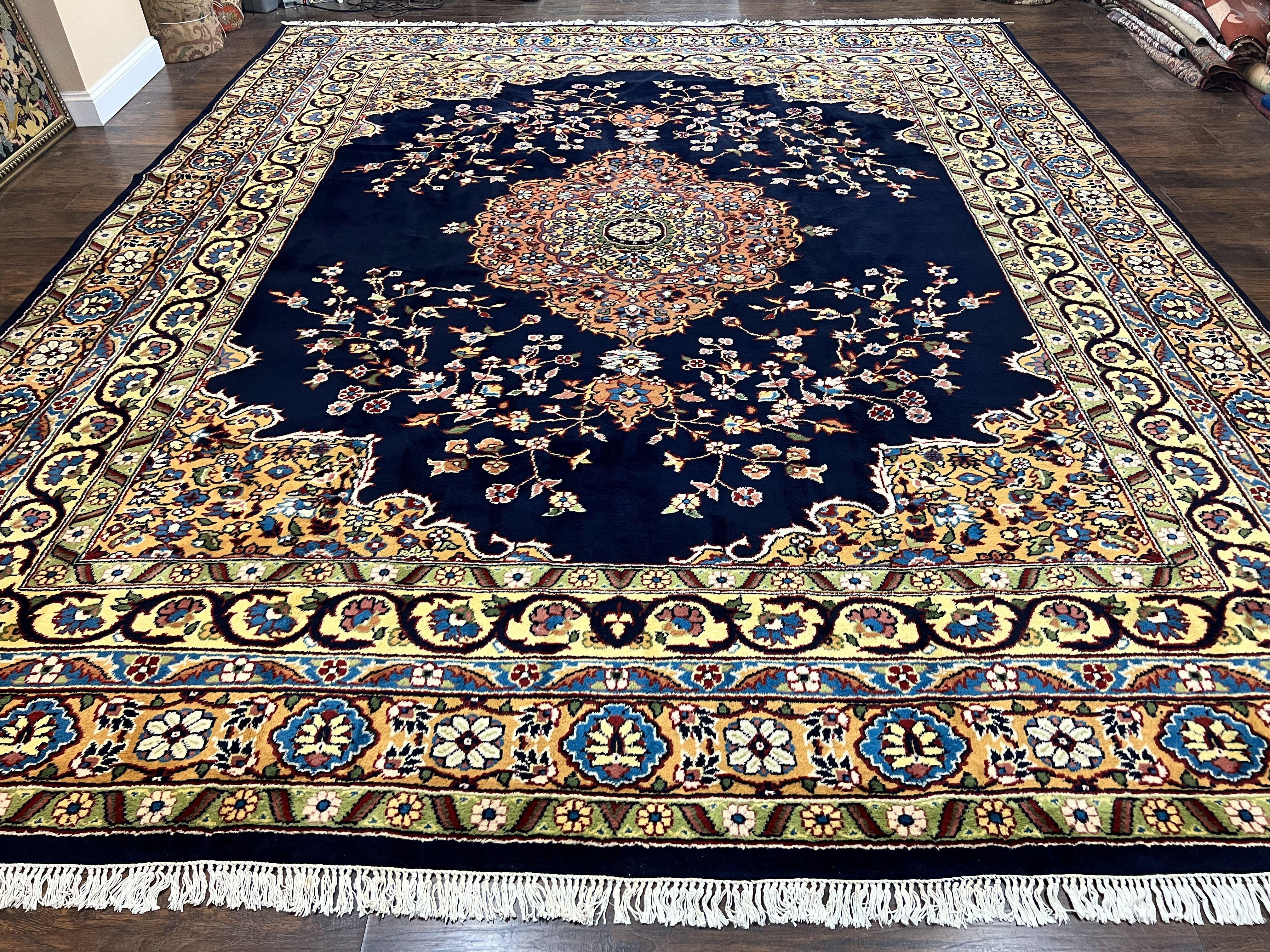 Indo Persian Rug 12x15, Mahal Sarouk Rug 12 x 15, Wool Hand Knotted Vintage Carpet, Navy Blue, Oversized Rug, Center Medallion - Jewel Rugs