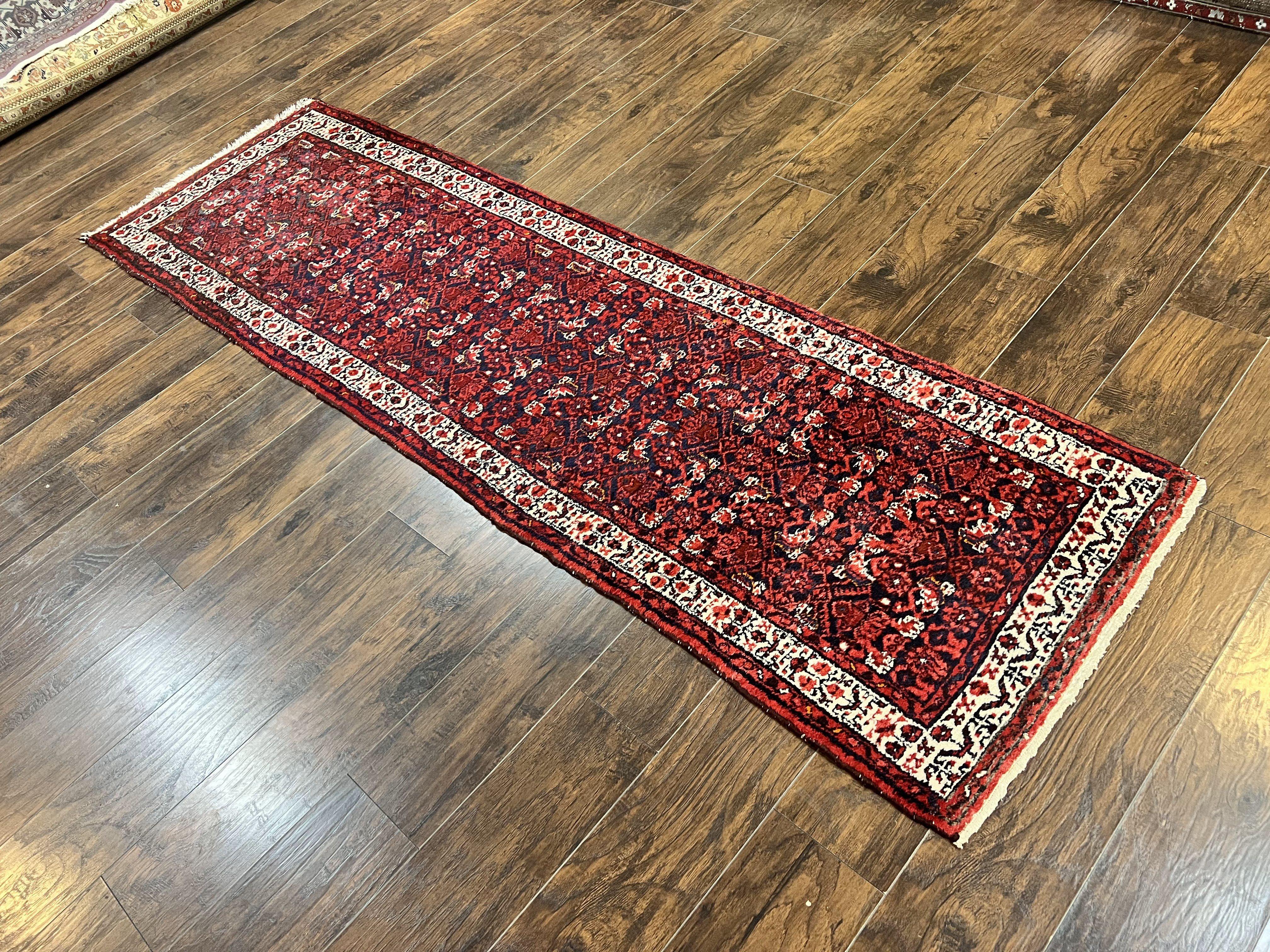 Persian Tribal Runner 3 x 9, Hamadan Dargazin Rug, Dark Blue and Red Wool Hand Knotted Hallway Rug, Vintage Antique Oriental Runner, 9ft Long Runner, Herati - Jewel Rugs