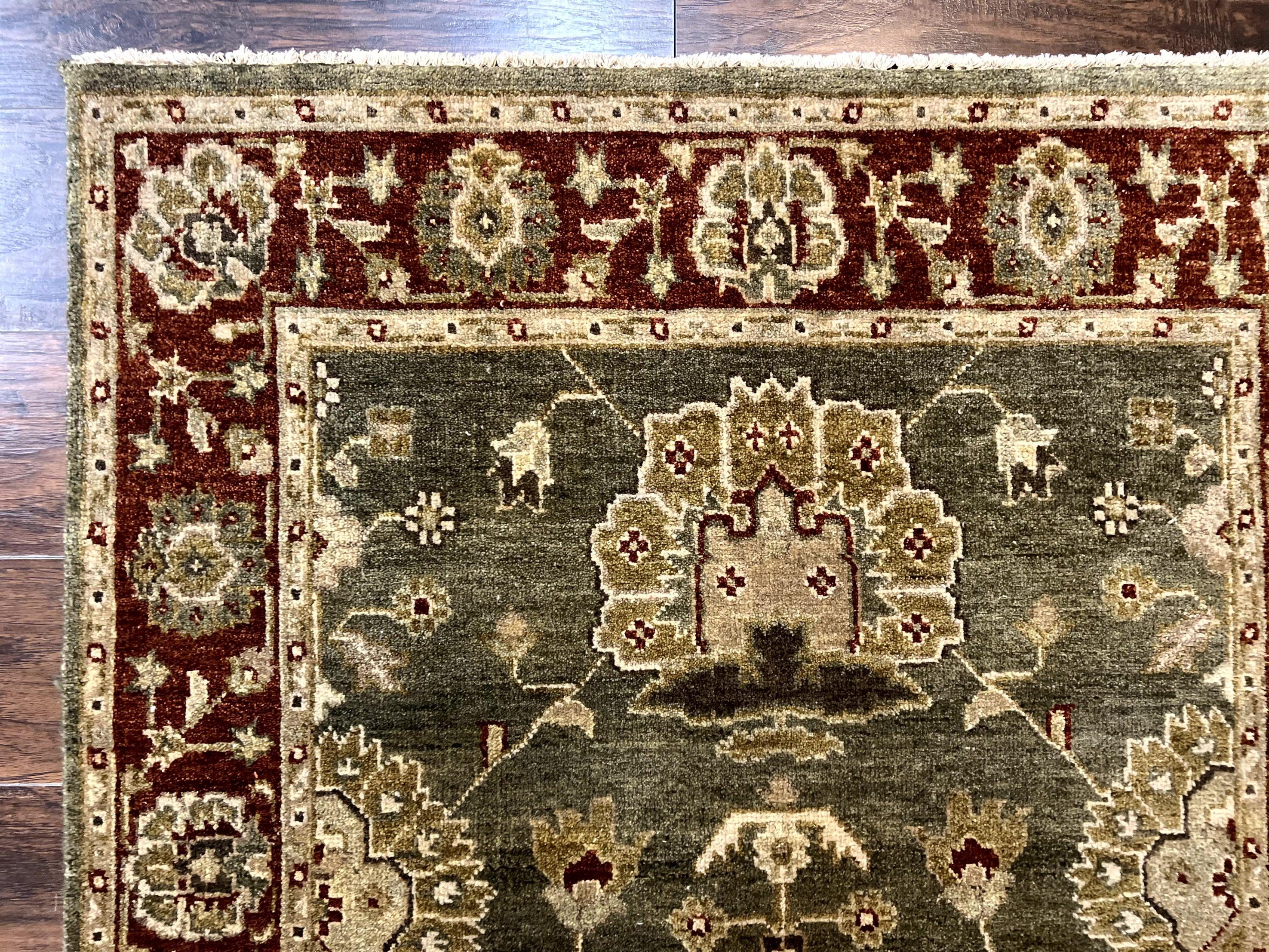 Indo Oushak Rug 4x6, Green and Maroon, Vintage Wool Floral Rug, Indian Agra Rug - Jewel Rugs