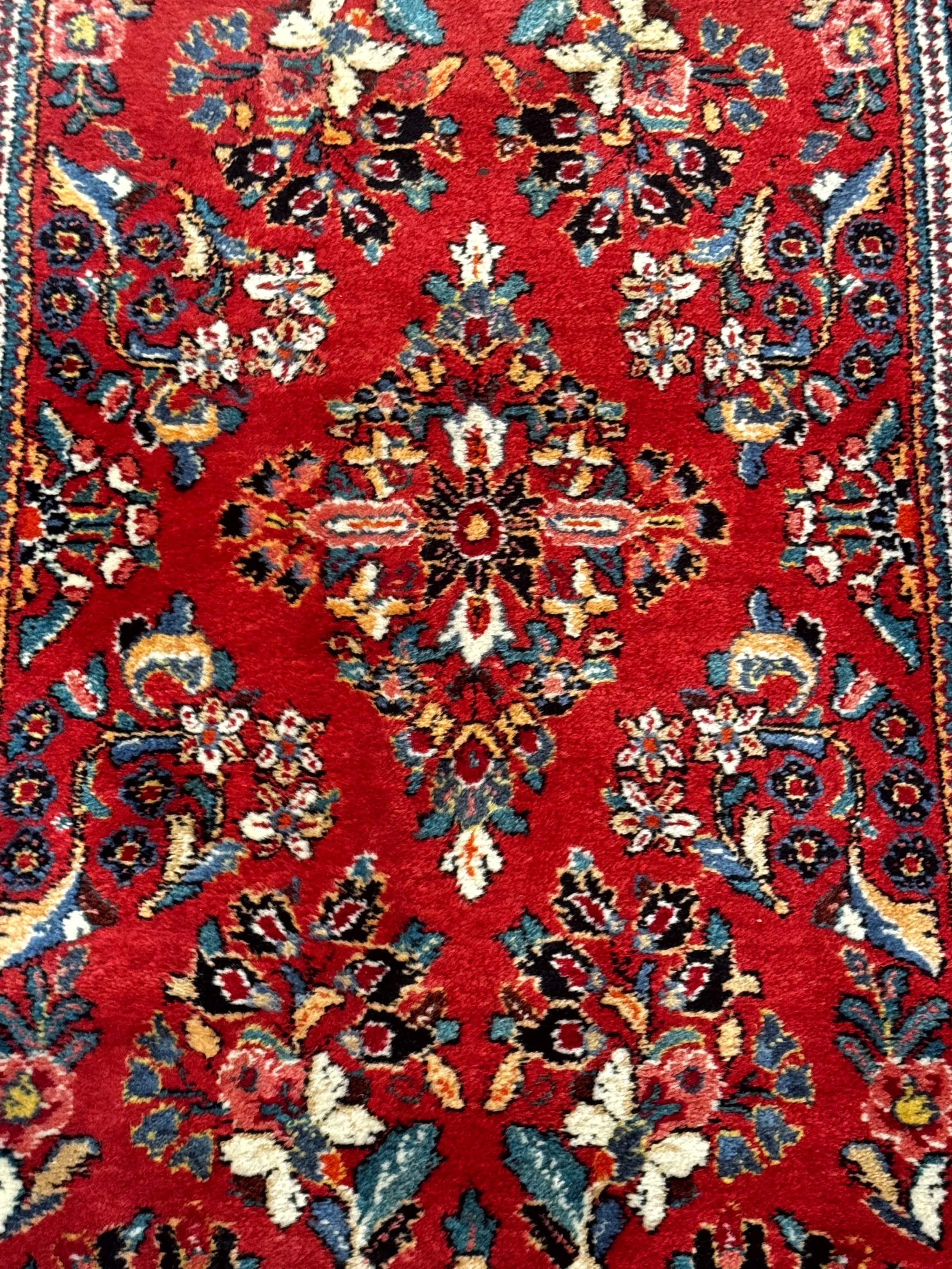 Persian Sarouk Runner Rug 3x12, Red Floral 3 x 12ft Runner, Vintage, Wool - Jewel Rugs