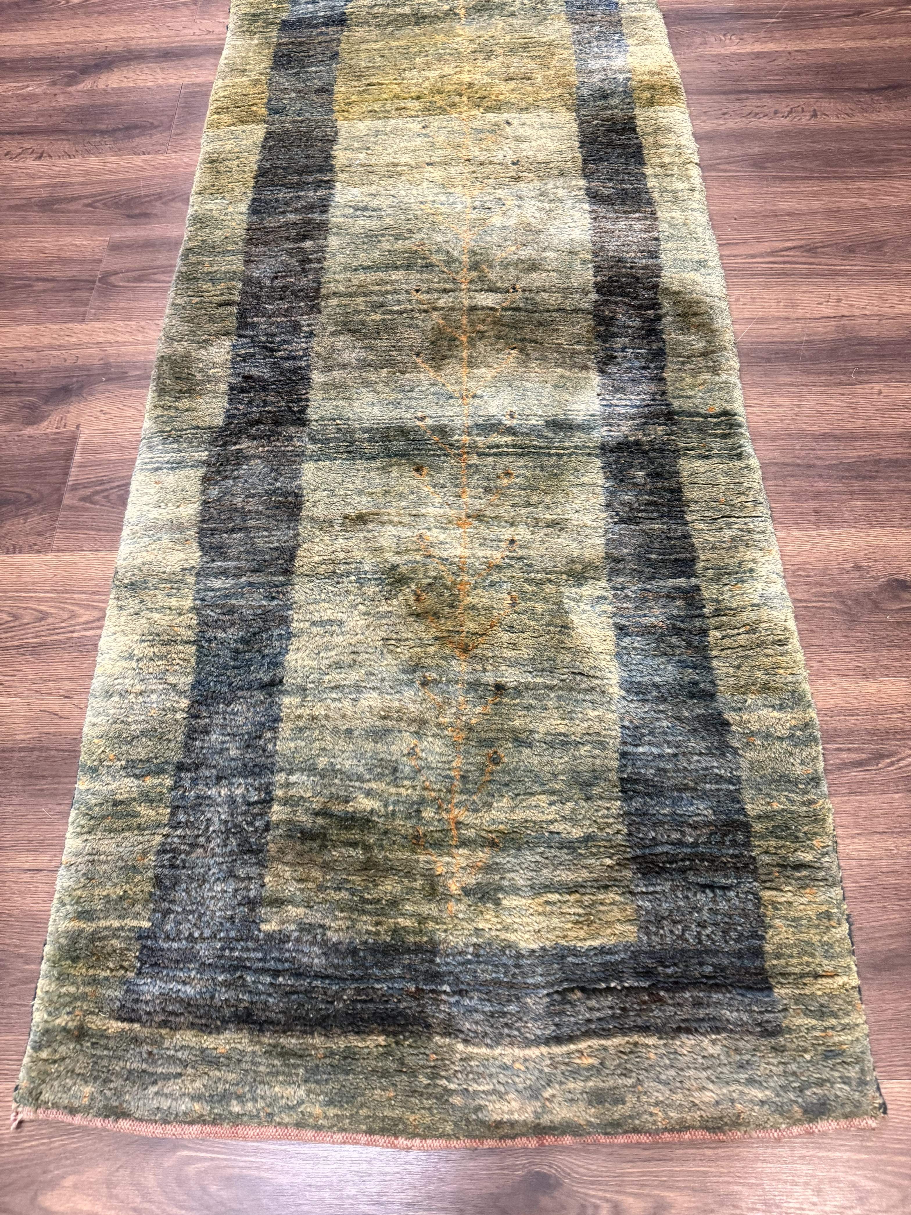 Persian Gabbeh Runner Rug 3 x 9, Green, Tribal Hallway Rug 3x9 - Jewel Rugs