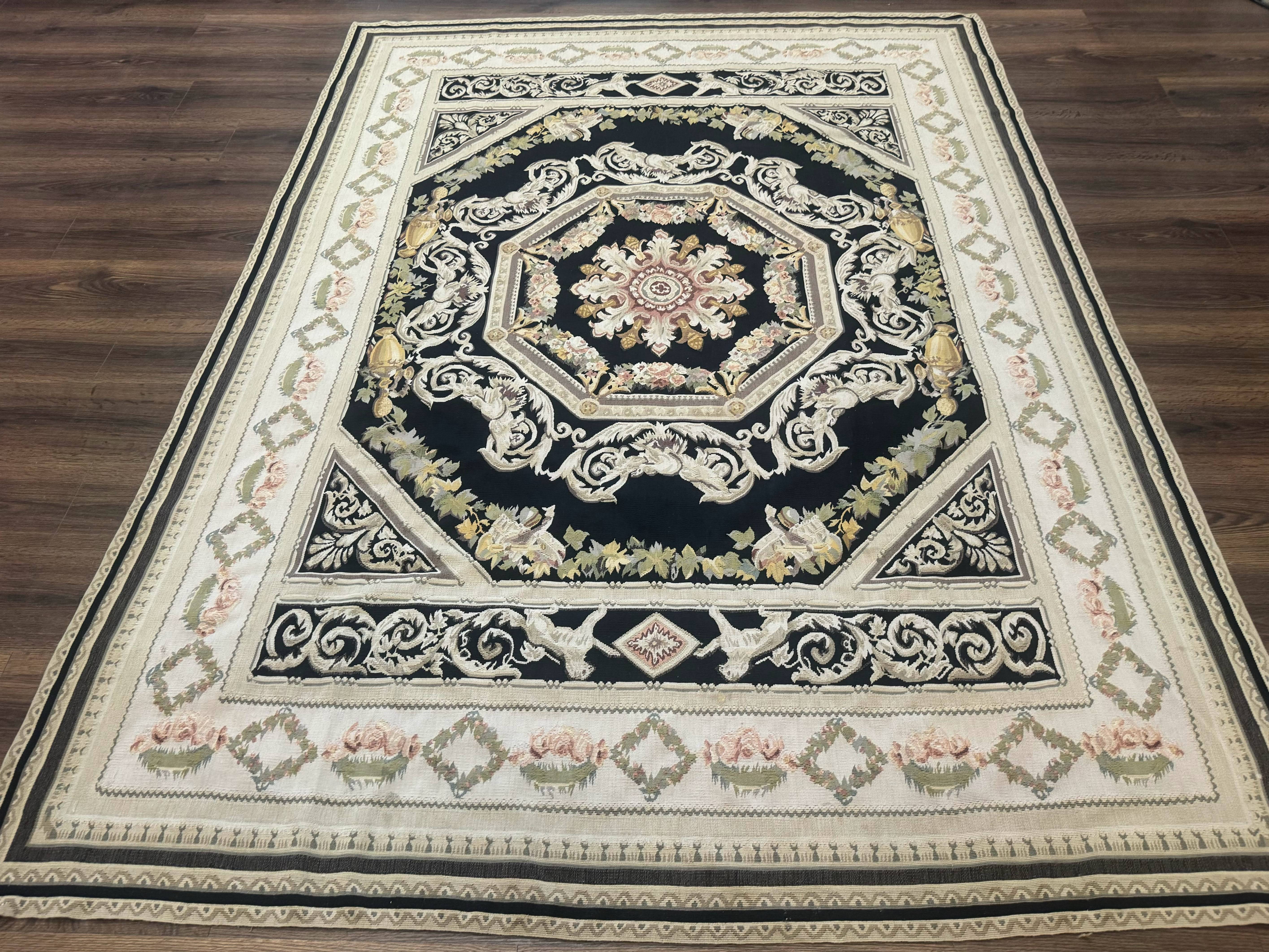 Aubusson Rug 6x8, European Design, Lion Pictorials, Black - Jewel Rugs