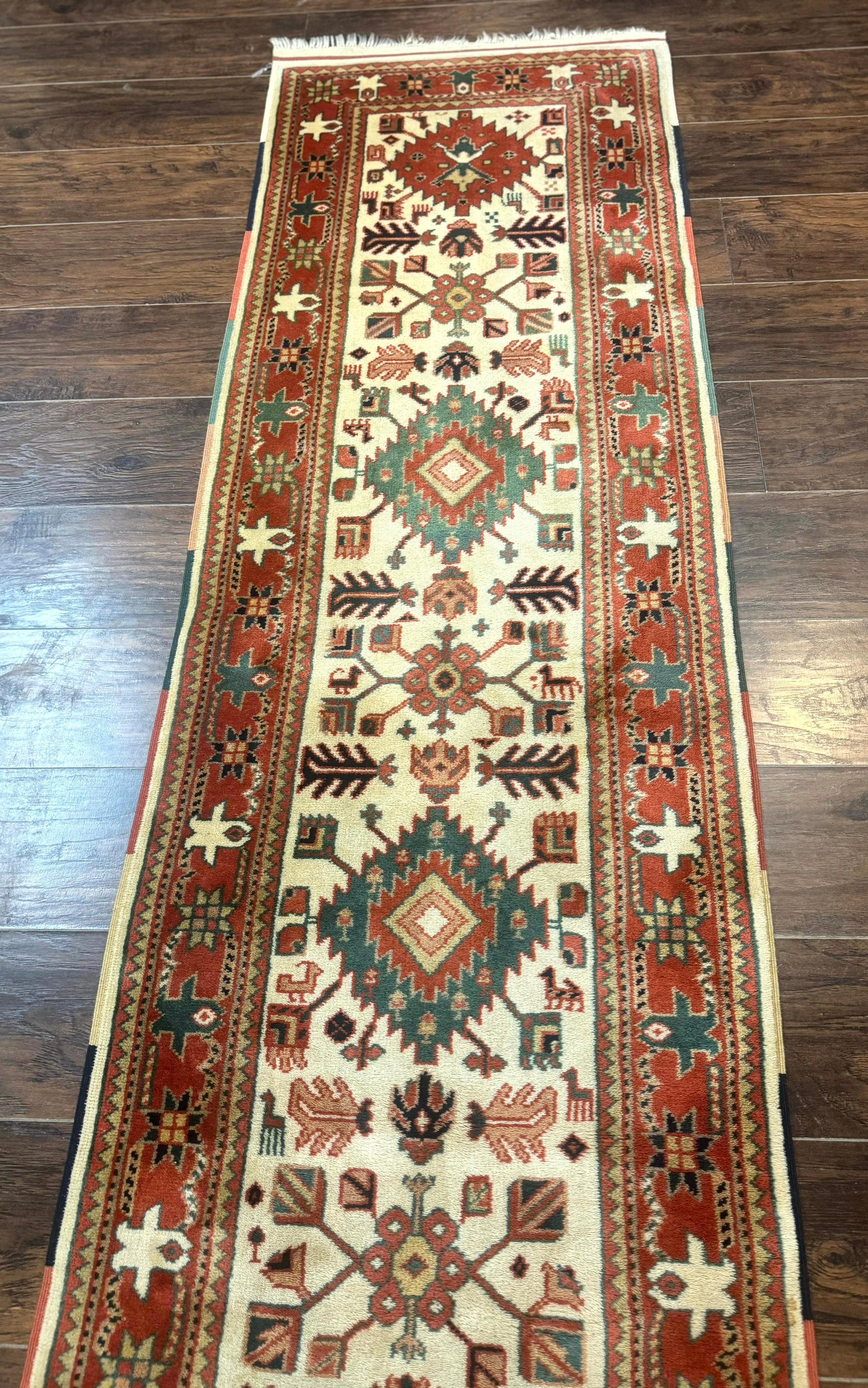 Turkish Runner Rug 2.4 x 8, Kazak Geometric Heriz Pattern, Beige Red - Jewel Rugs