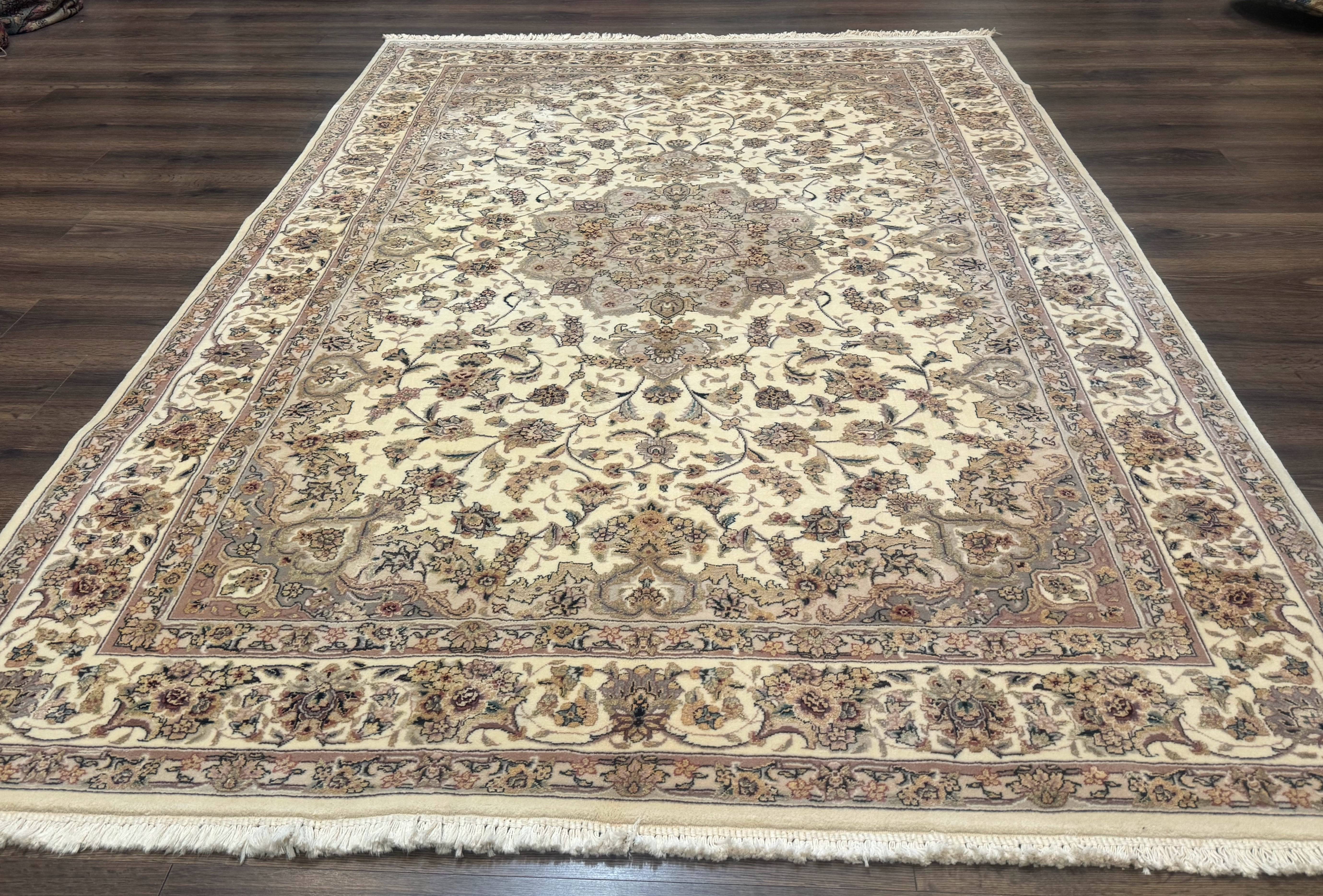 Sino Persian Rug 6x9, Floral Medallion, Ivory & Taupe, Wool with Silk Highlights, Fine 210 KPSI - Jewel Rugs