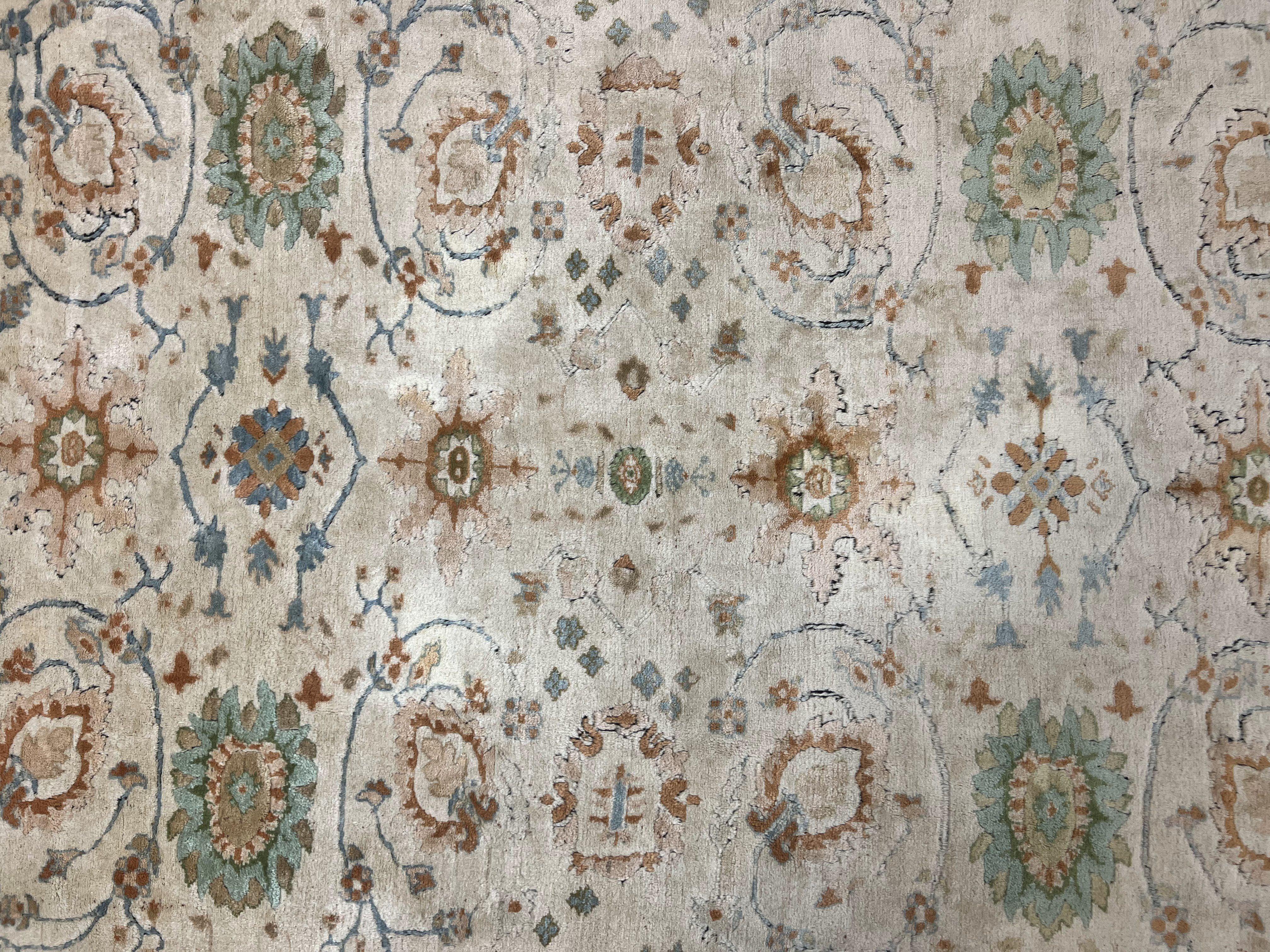 Turkish Oushak Rug 9x10, Neutral Colors, Wool Hand Knotted Vintage Handmade Oriental Carpet, Floral Allover, Farmhouse Rug, Beige Light Blue - Jewel Rugs
