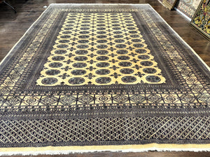 Pakistani Bokhara Turkoman Rug 9x11, Cream, Handmade Wool Vintage Carpet