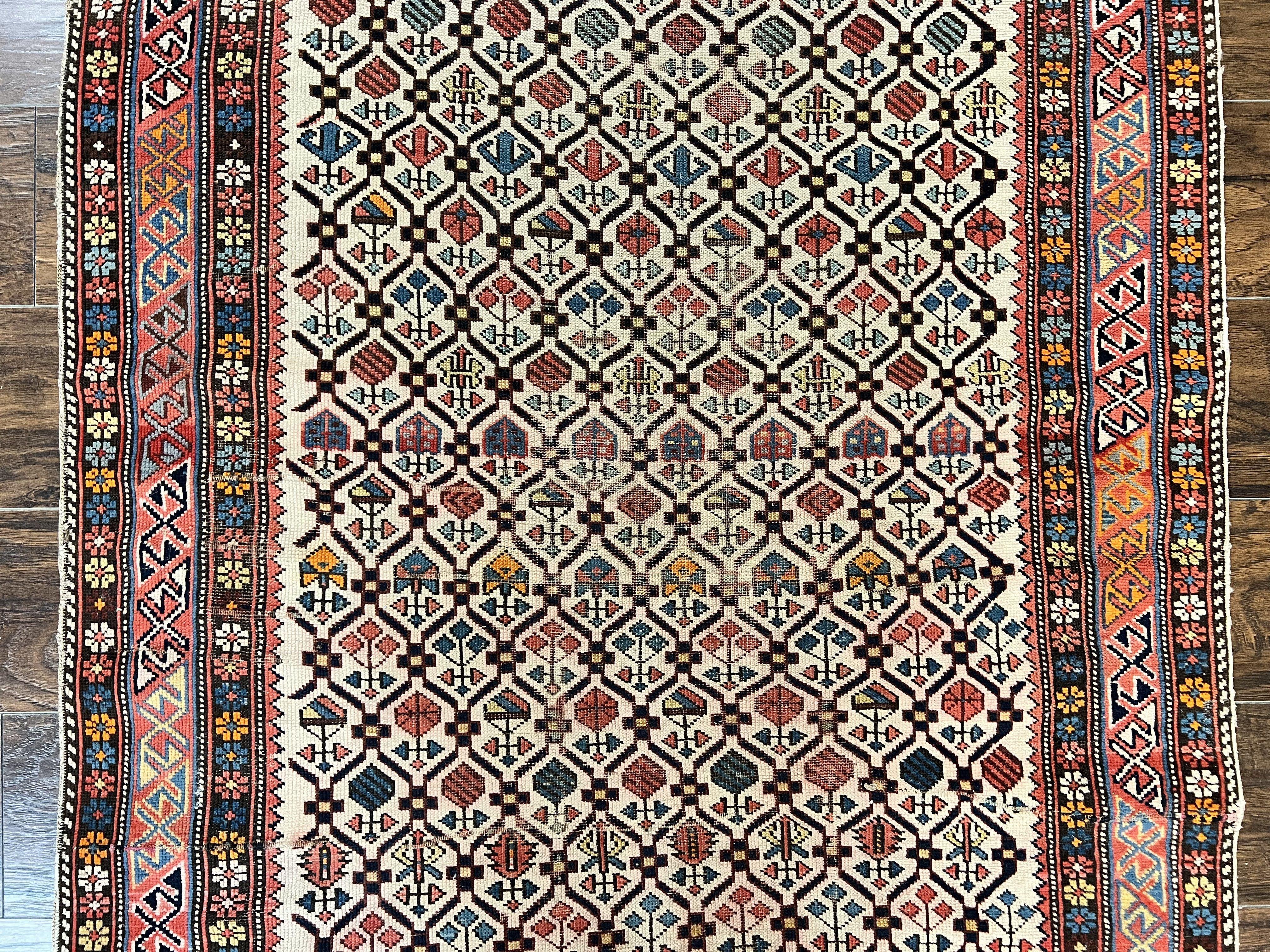 Antique Caucasian Rug 4x5, Hand Knotted Handmade Shirvan Oriental Carpet, Ivory Red Rug Allover Pattern, Rare Wool Rug, Tribal Geometric Rug - Jewel Rugs