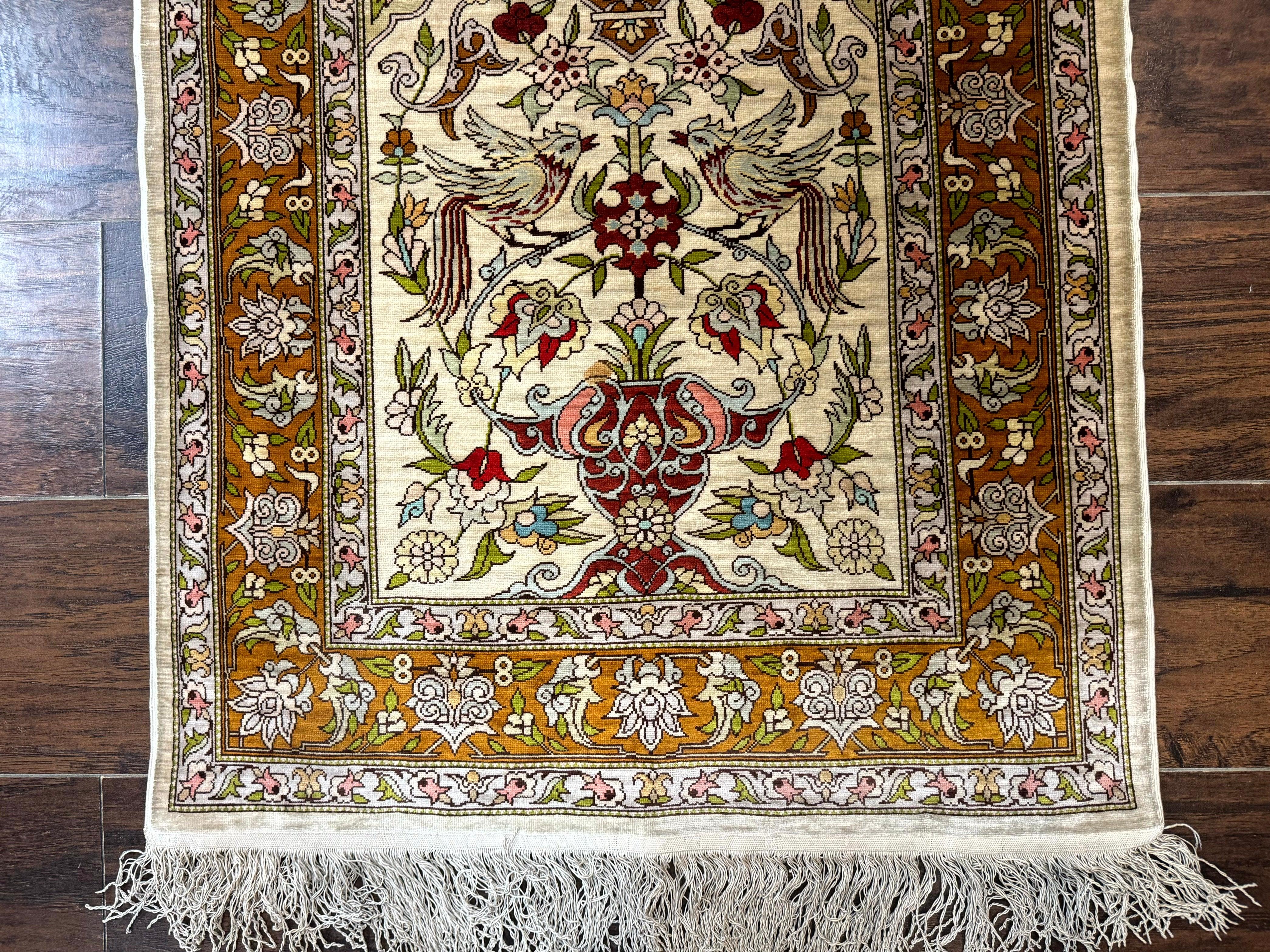 Silk Turkish Hereke Rug 2x3, Birds Lantern Very Fine 400 KPSI, Signed by Masterweaver, Wonderful, Rare, Small Hereke Rug - Jewel Rugs