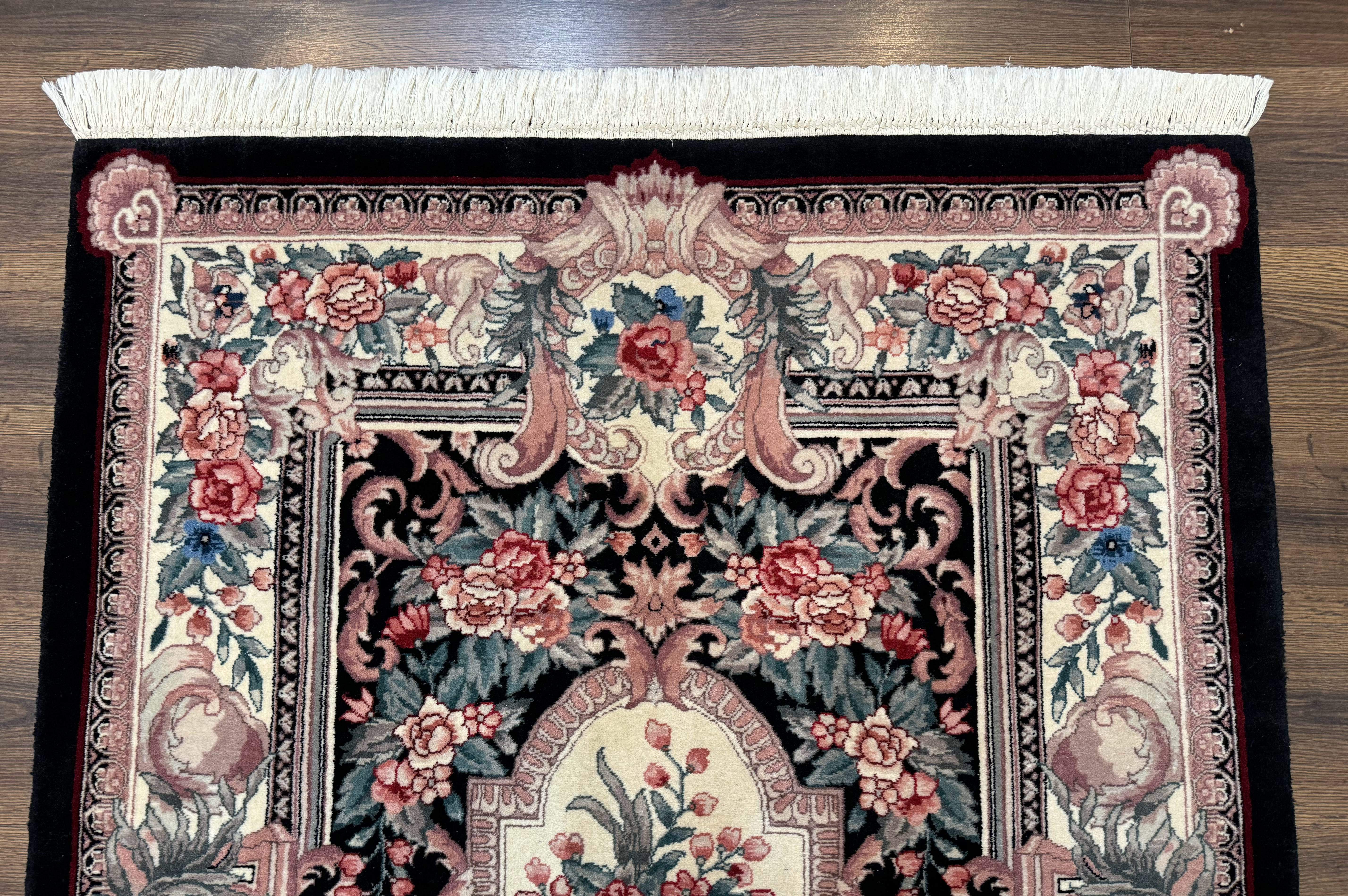 Aubusson Rug 4x6, Elegant European Floral Design, Black and Ivory, Fine 200 KPSI - Jewel Rugs