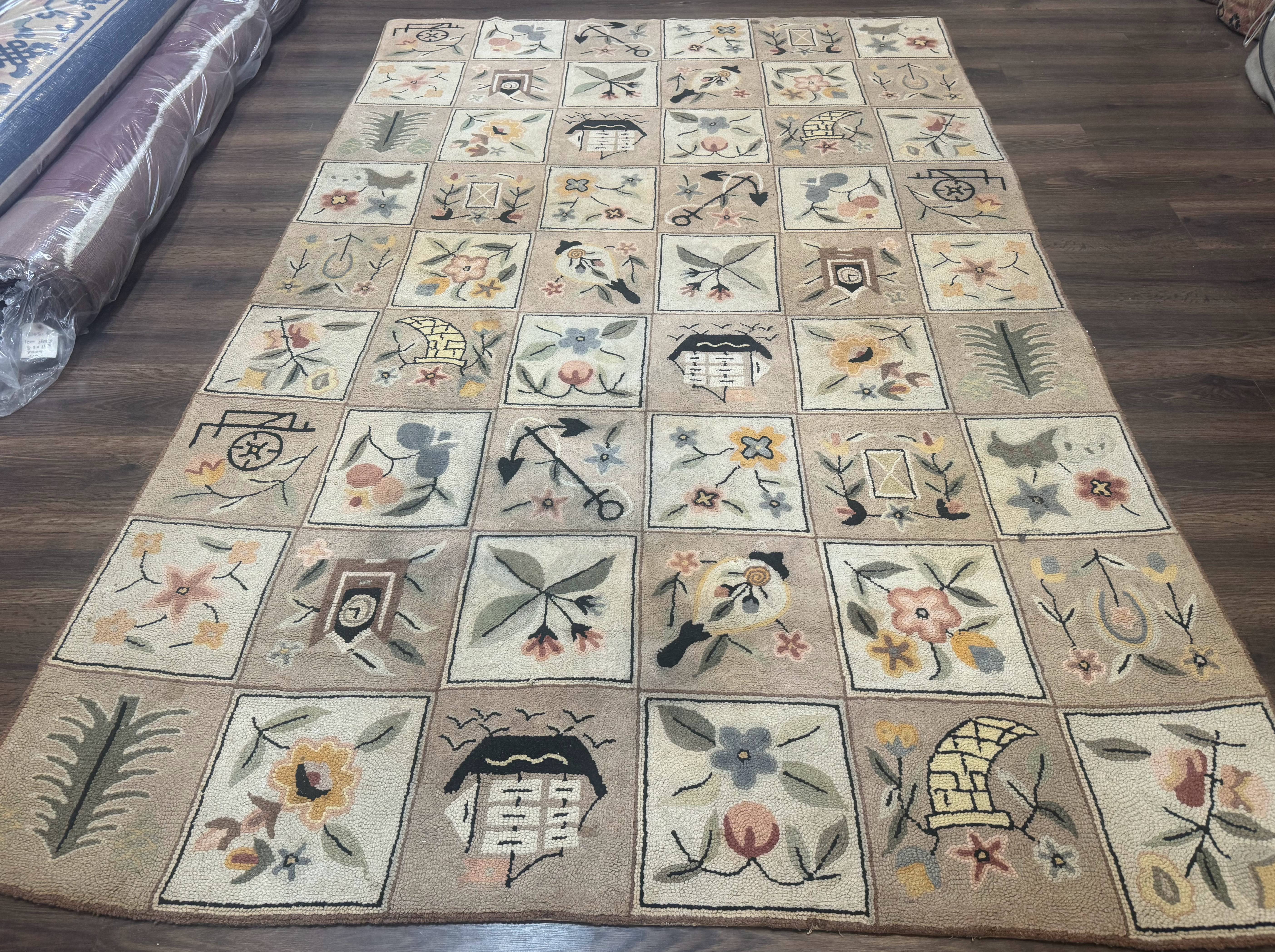 American Hooked Rug 6x9, Panel Design, Vintage, Ivory & Soft Pink - Jewel Rugs