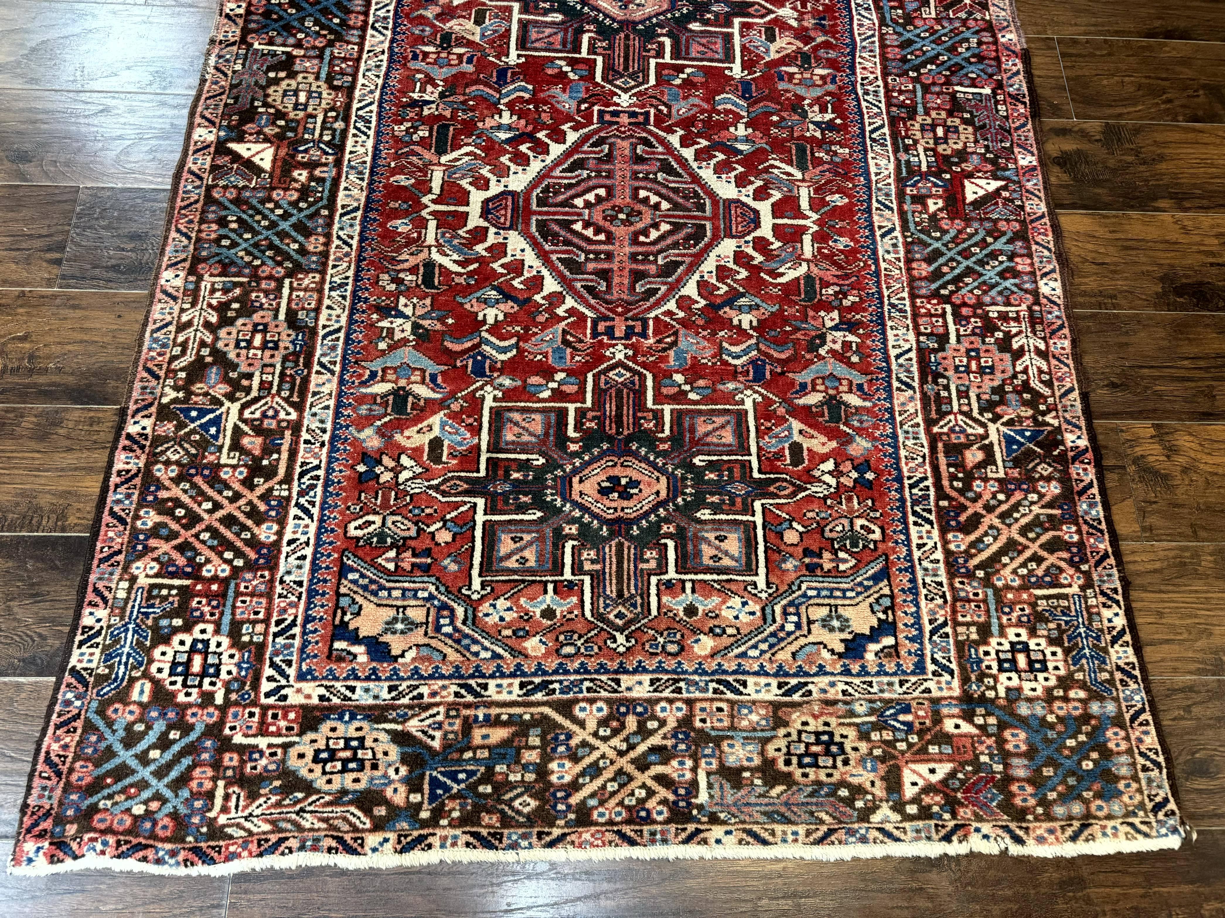 Perisan Heriz Rug 5x13, Wide Runner Rug, Geometric Medallions Tribal Carpet, Antique, Red, Rare Size, Wool Handmade Runner - Jewel Rugs