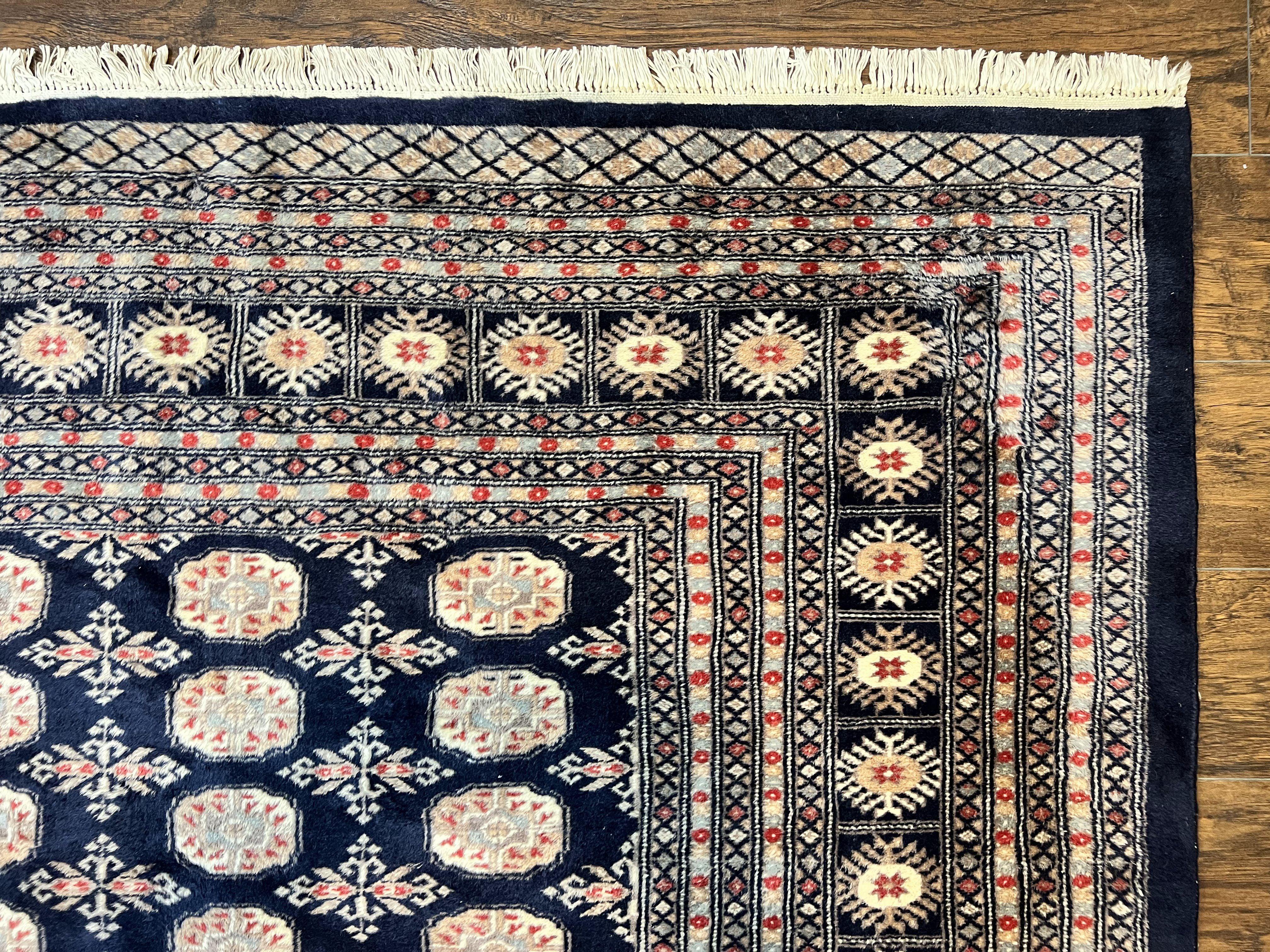 Pakistani Bokhara Rug 8x10, Turkoman Carpet, Dark Blue and Beige, Vintage Handmade Wool Carpet - Jewel Rugs